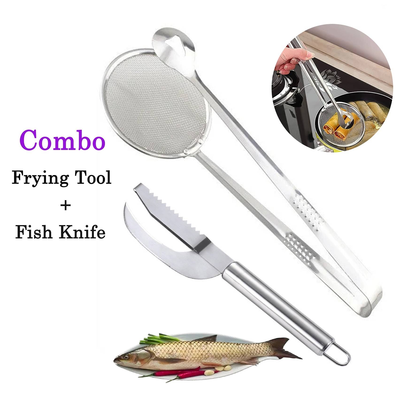 VillWin Combo Knife Cut Scrape Dig 3-in-1 Tool, Fish Scaler with 2In1 Filter Frying Spoon Multi-Functional VillWin Combo Knife Cut Scrape Dig 3-in-1 Tool, Fish Scaler with 2In1 Filter Frying Spoon Multi-Functional