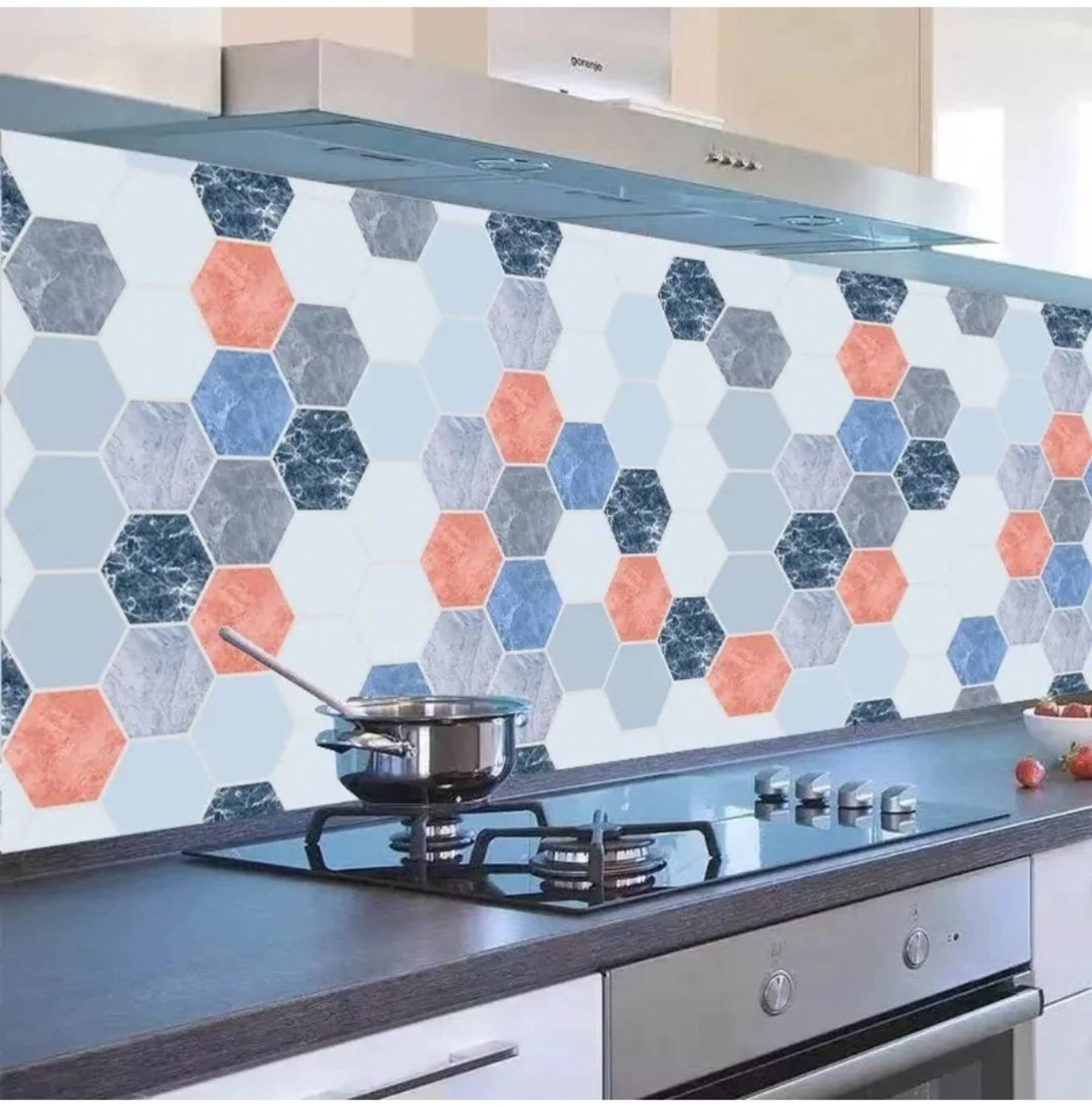 WRUNJI BLUE & ORANGE HEXAGONE MARBLE WALLPAPER FOR HOME ( 45 X 500 CM ) PACK OF 1 WRUNJI BLUE & ORANGE HEXAGONE MARBLE WALLPAPER FOR HOME ( 45 X 500 CM ) PACK OF 1
