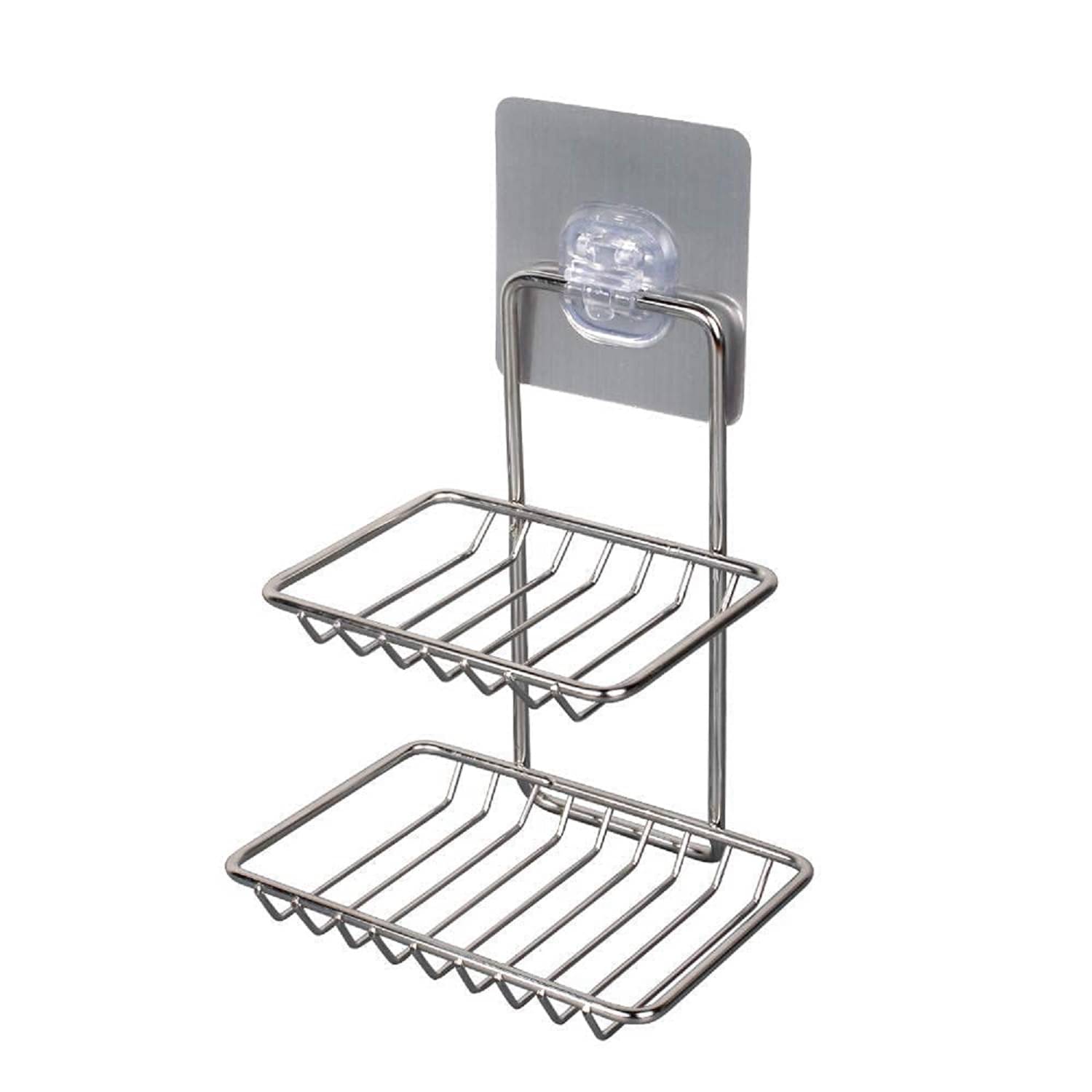     			Wall Mounted Double Layer soap Dish Holder Stainless Steel Wall Hanging Soap Storage Rack for Kitchen Bathroom-with Self Adhesive Magic Sticker (Stainless Steel)