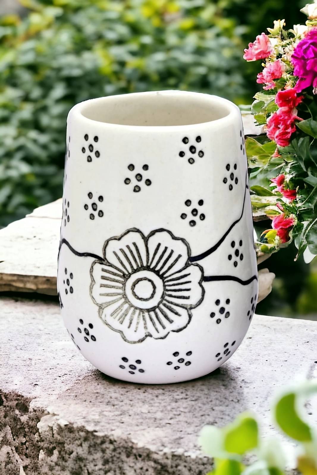     			White Floral Brush Holder