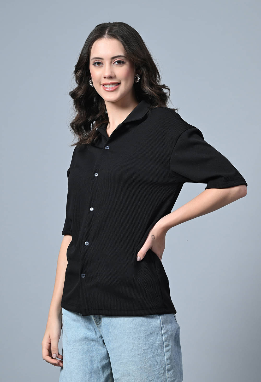 genzy Women Solid Polyester Shirt ( Black )     			genzy Women Solid Polyester Shirt ( Black )