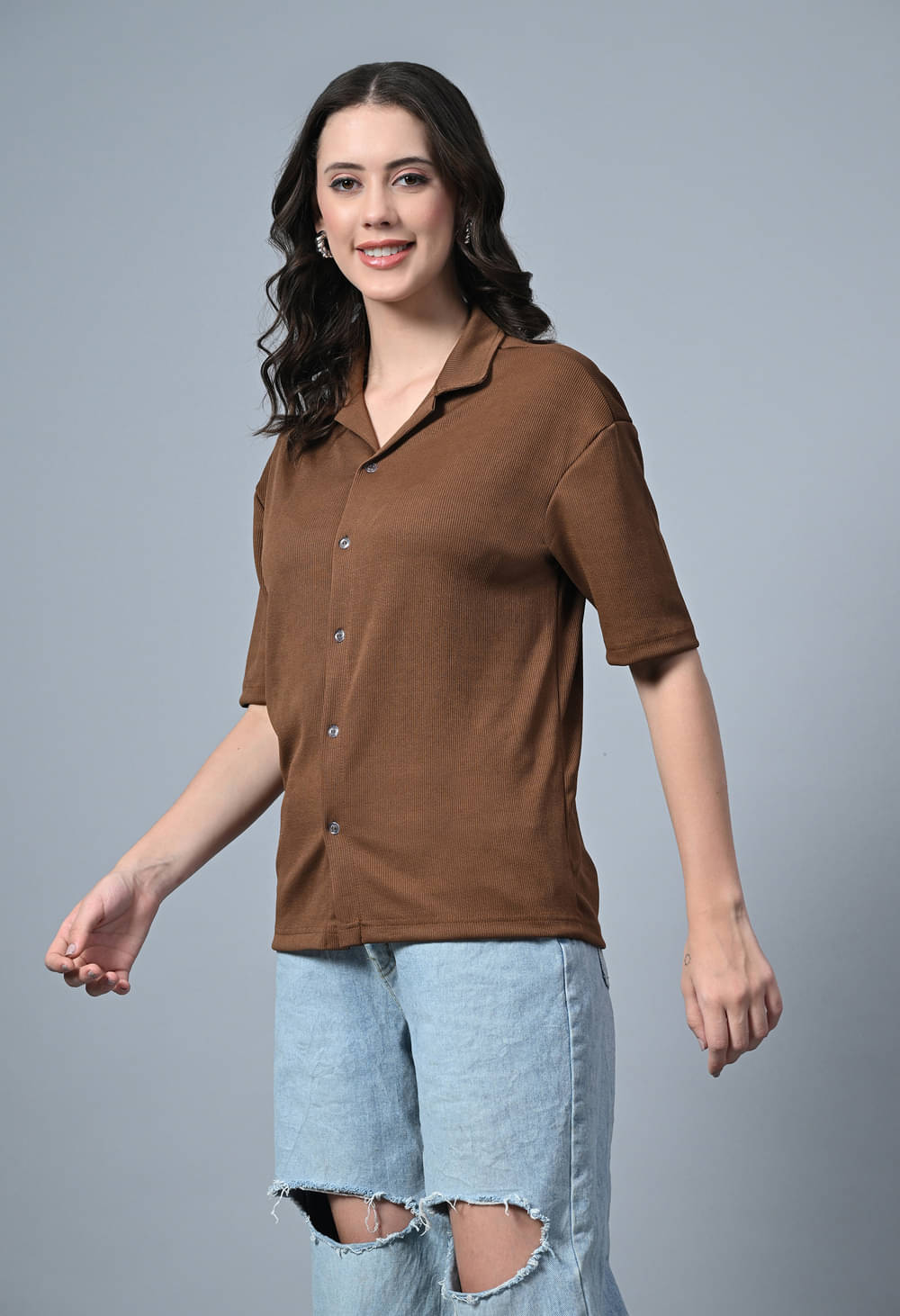 genzy Women Solid Polyester Shirt ( Brown )     			genzy Women Solid Polyester Shirt ( Brown )