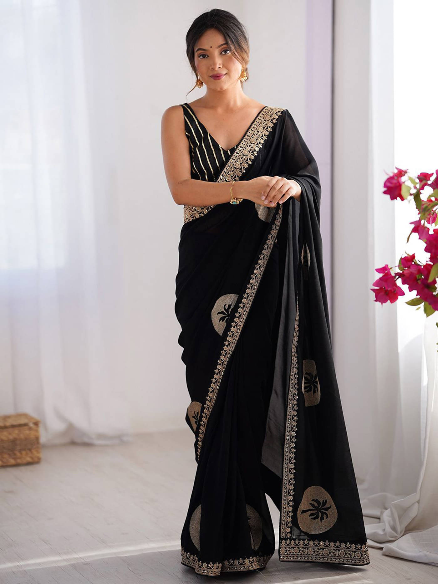     			kedar fab Silk Embroidered Saree With Unstitched Blouse Piece ( Black )