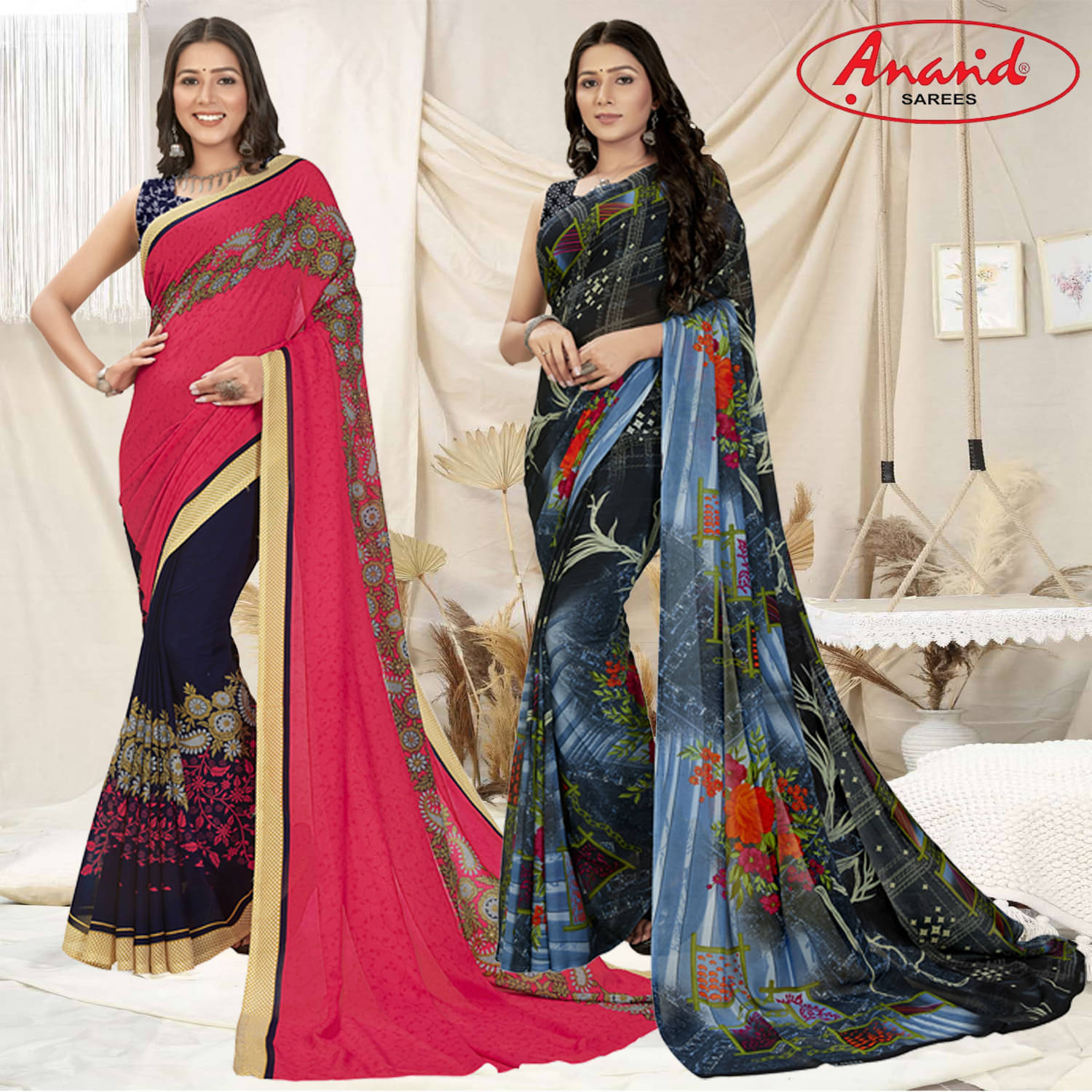     			ANAND SAREES Georgette Printed Saree With Unstitched Blouse Piece ( Multicolor )