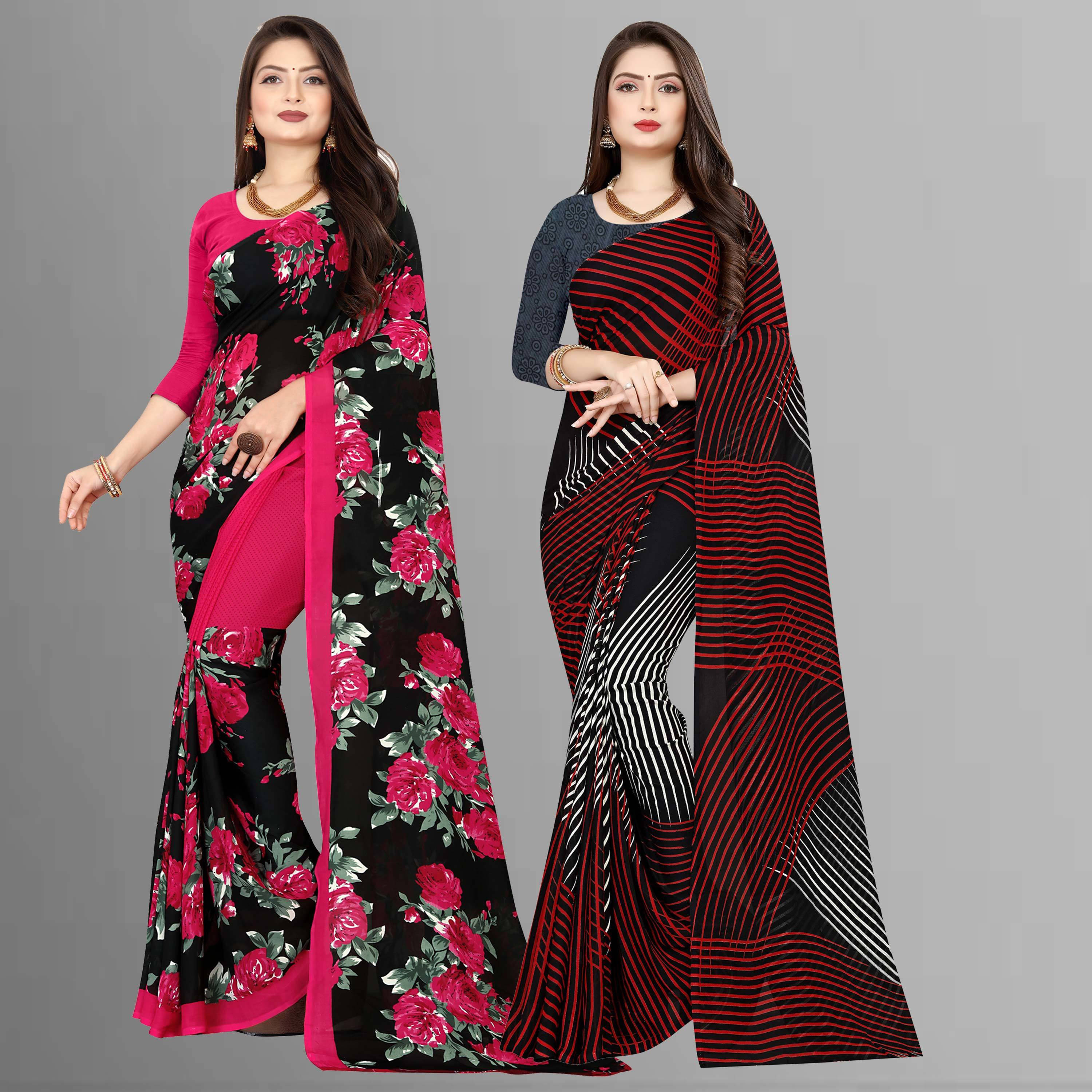 ANAND SAREES Georgette Printed Saree With Unstitched Blouse Piece ( Black ) ANAND SAREES Georgette Printed Saree With Unstitched Blouse Piece ( Black )