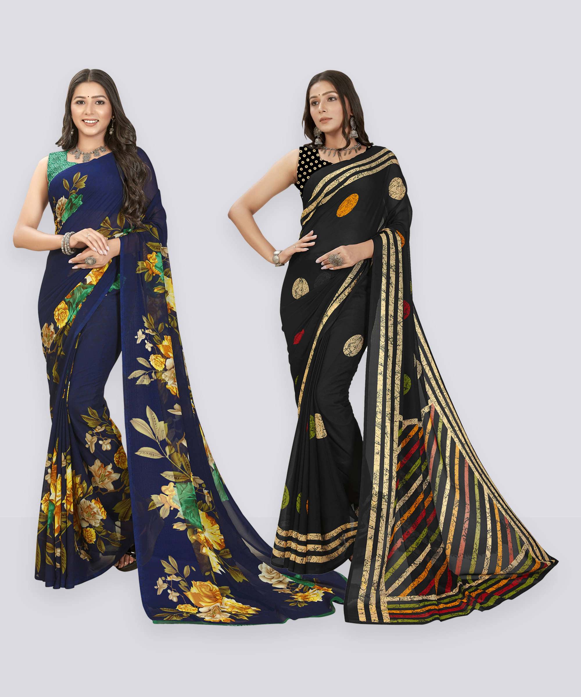 ANAND SAREES Georgette Printed Saree With Unstitched Blouse Piece ( Navy Blue ) ANAND SAREES Georgette Printed Saree With Unstitched Blouse Piece ( Navy Blue )