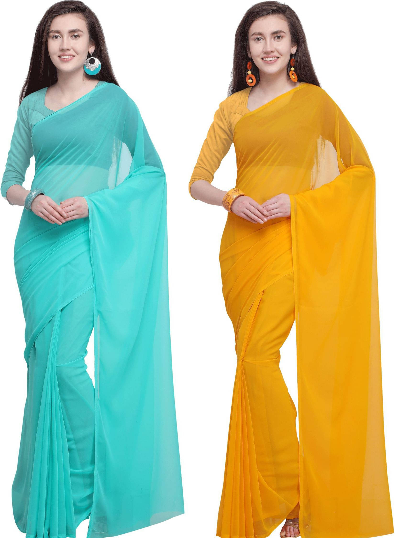 ANAND SAREES Georgette Solid Saree With Unstitched Blouse Piece ( Multicolor ) ANAND SAREES Georgette Solid Saree With Unstitched Blouse Piece ( Multicolor )