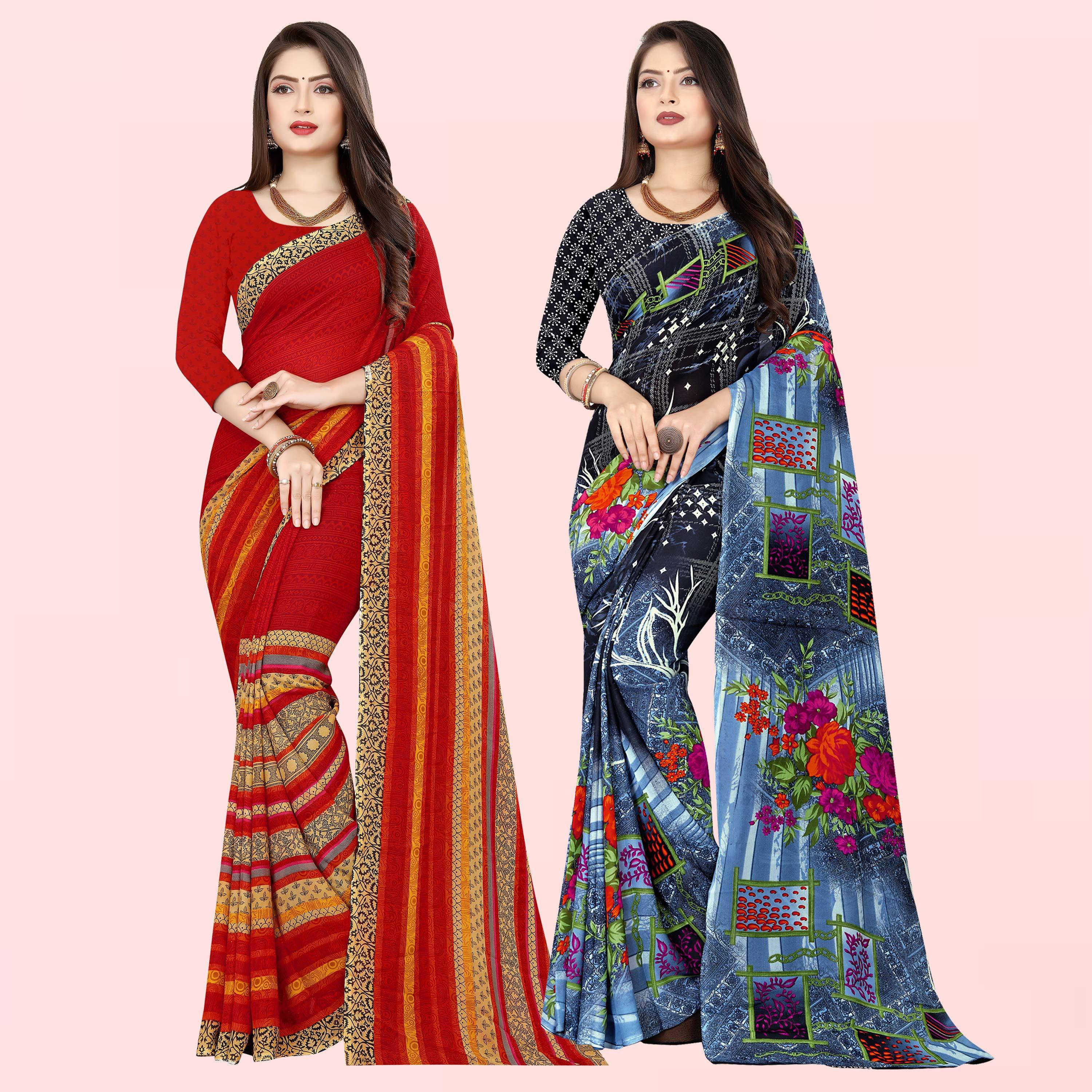 ANAND SAREES Georgette Striped Saree With Unstitched Blouse Piece ( Multicolor ) ANAND SAREES Georgette Striped Saree With Unstitched Blouse Piece ( Multicolor )