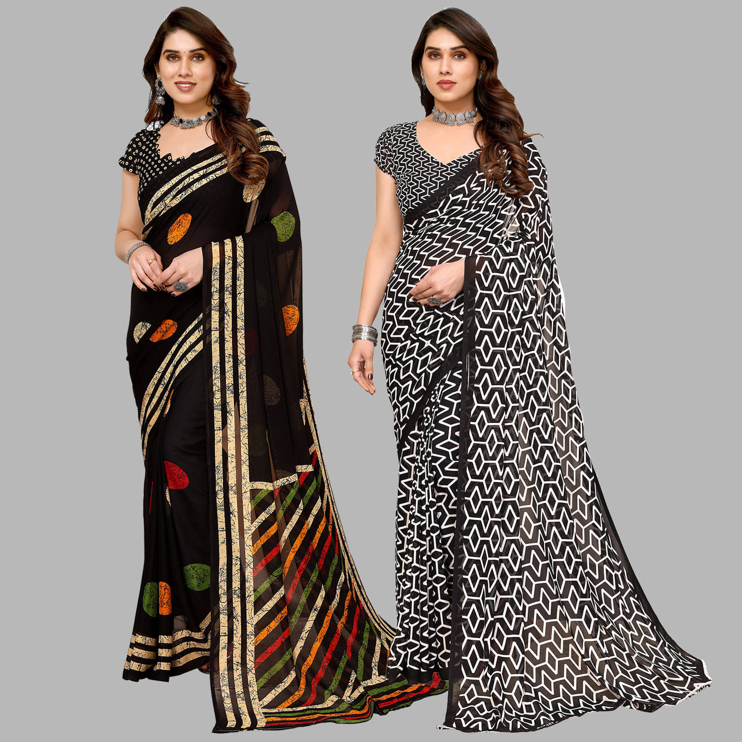 ANAND SAREES Georgette Striped Saree With Unstitched Blouse Piece ( Black ) ANAND SAREES Georgette Striped Saree With Unstitched Blouse Piece ( Black )