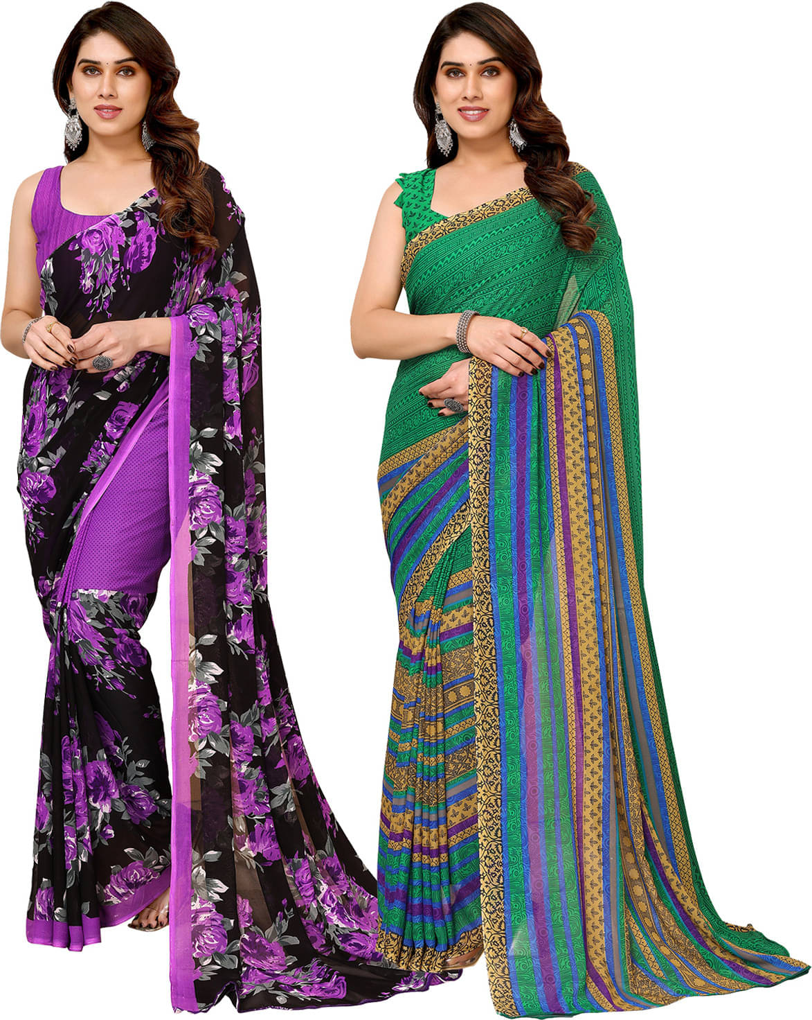     			ANAND SAREES Georgette Striped Saree With Unstitched Blouse Piece ( Multicolor )
