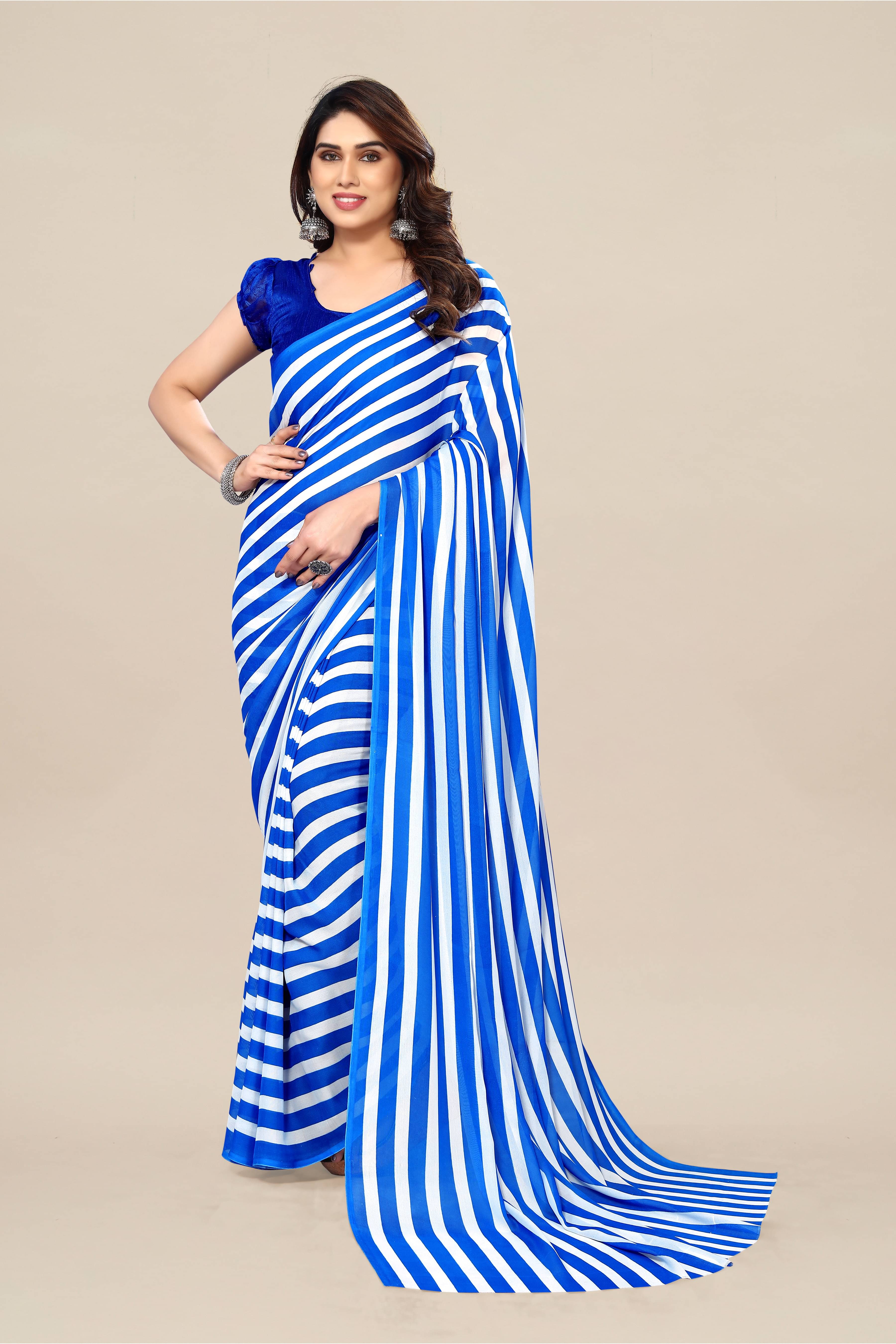 ANAND SAREES Georgette Striped Leheriya Saree With Unstitched Blouse Piece ( Blue ) ANAND SAREES Georgette Striped Leheriya Saree With Unstitched Blouse Piece ( Blue )