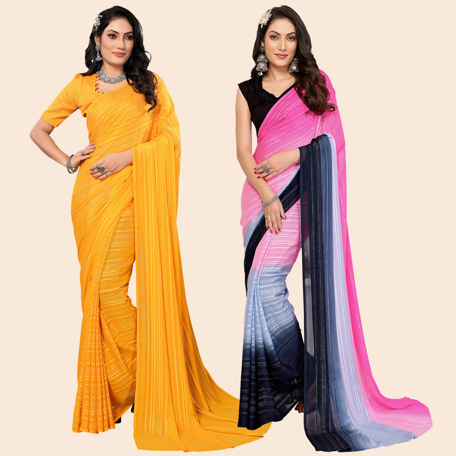 ANAND SAREES Satin Striped Saree With Unstitched Blouse Piece ( Multicolor ) ANAND SAREES Satin Striped Saree With Unstitched Blouse Piece ( Multicolor )