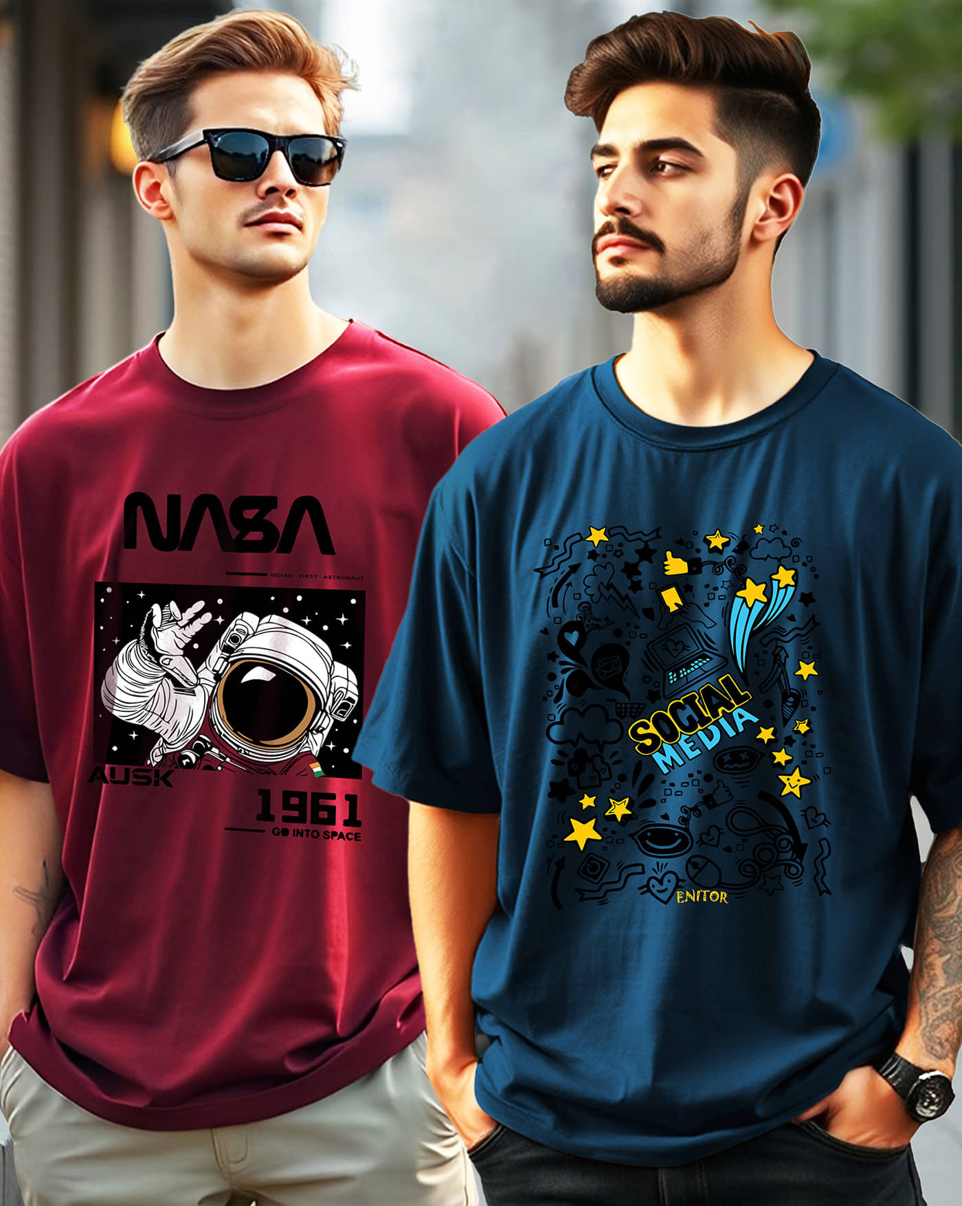     			AOOSH Men Cotton Blend Oversized Fit Printed T-Shirt ( Teal Blue )