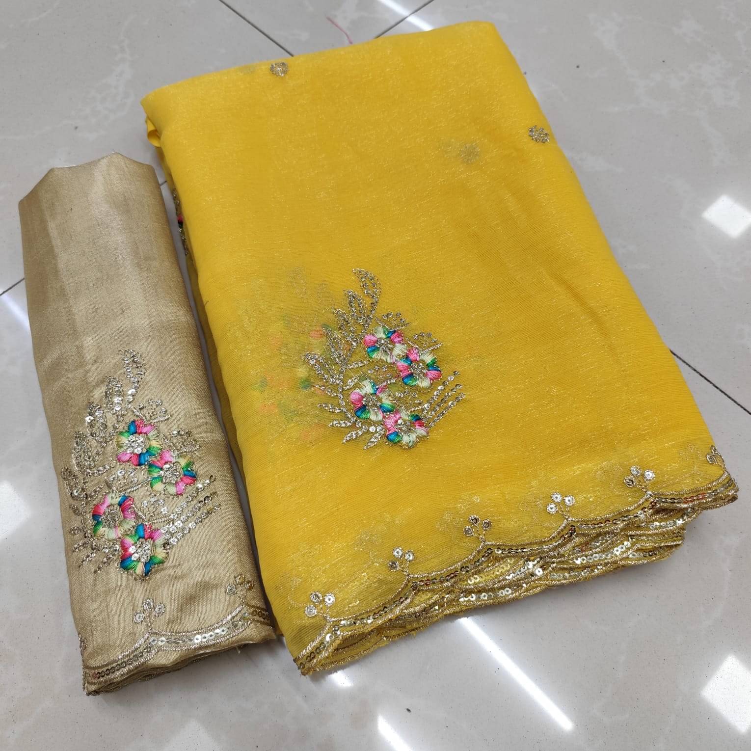 Avenue Creation Chiffon Embroidered Leheriya Saree With Unstitched Blouse Piece ( Yellow ) Avenue Creation Chiffon Embroidered Leheriya Saree With Unstitched Blouse Piece ( Yellow )