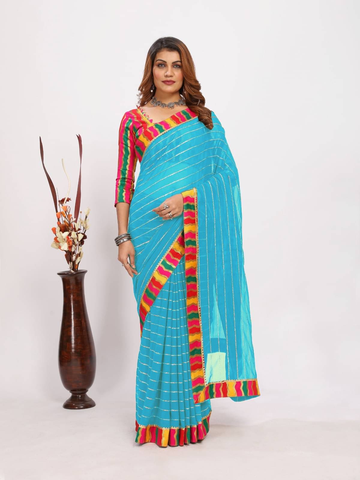 Avenue Creation Georgette Embroidered Leheriya Saree With Unstitched Blouse Piece ( Sky Blue ) Avenue Creation Georgette Embroidered Leheriya Saree With Unstitched Blouse Piece ( Sky Blue )