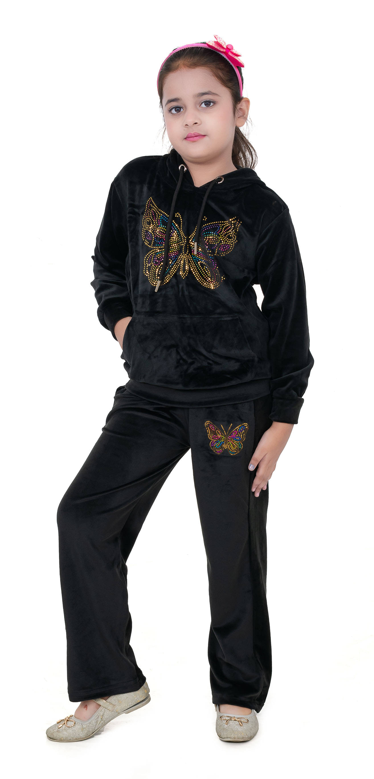     			BUFFARO Pack of 1 Girls Velvet Sweatshirt & Joggers ( Black )