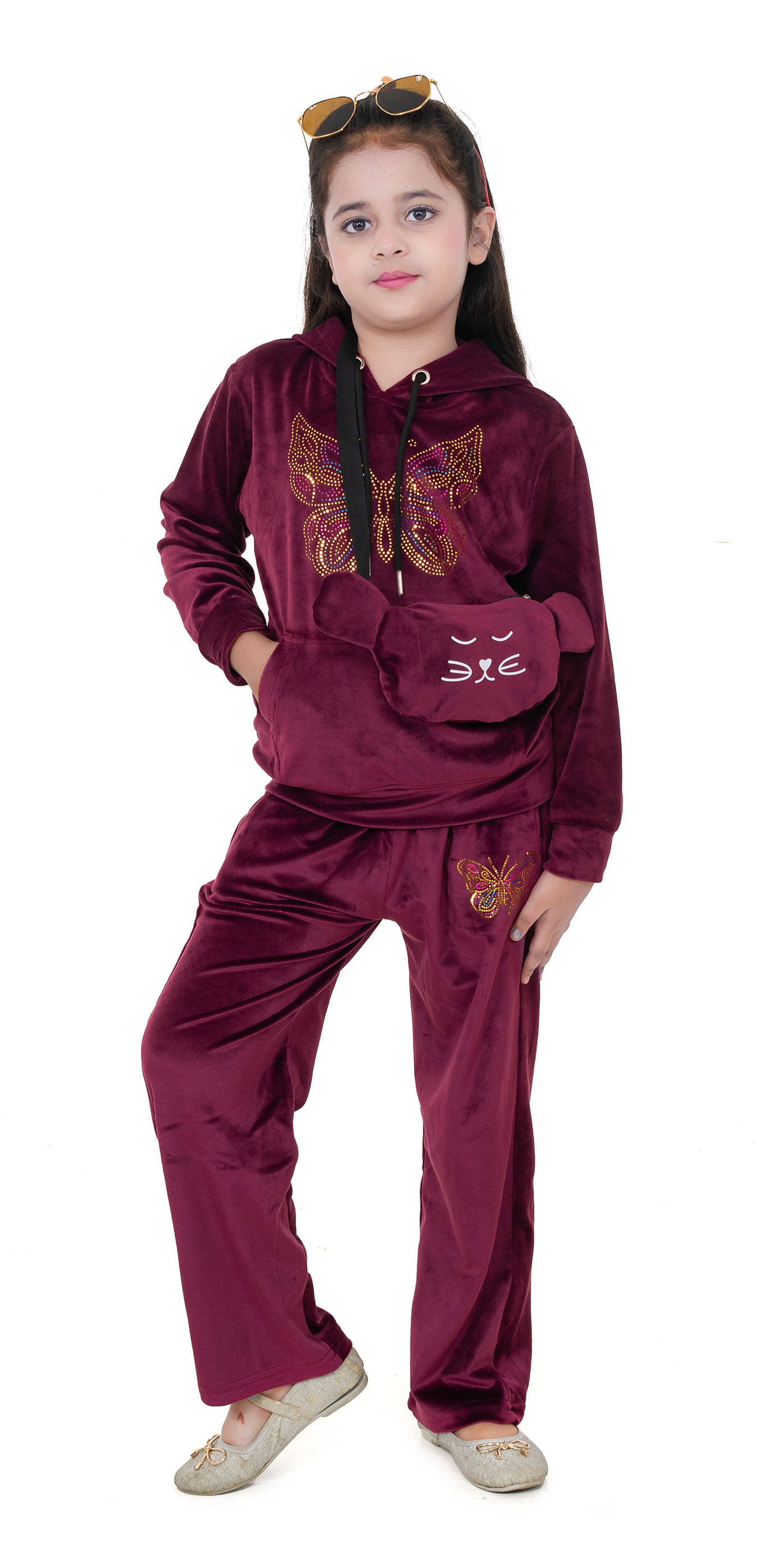     			BUFFARO Pack of 1 Girls Velvet Sweatshirt & Joggers ( Maroon )