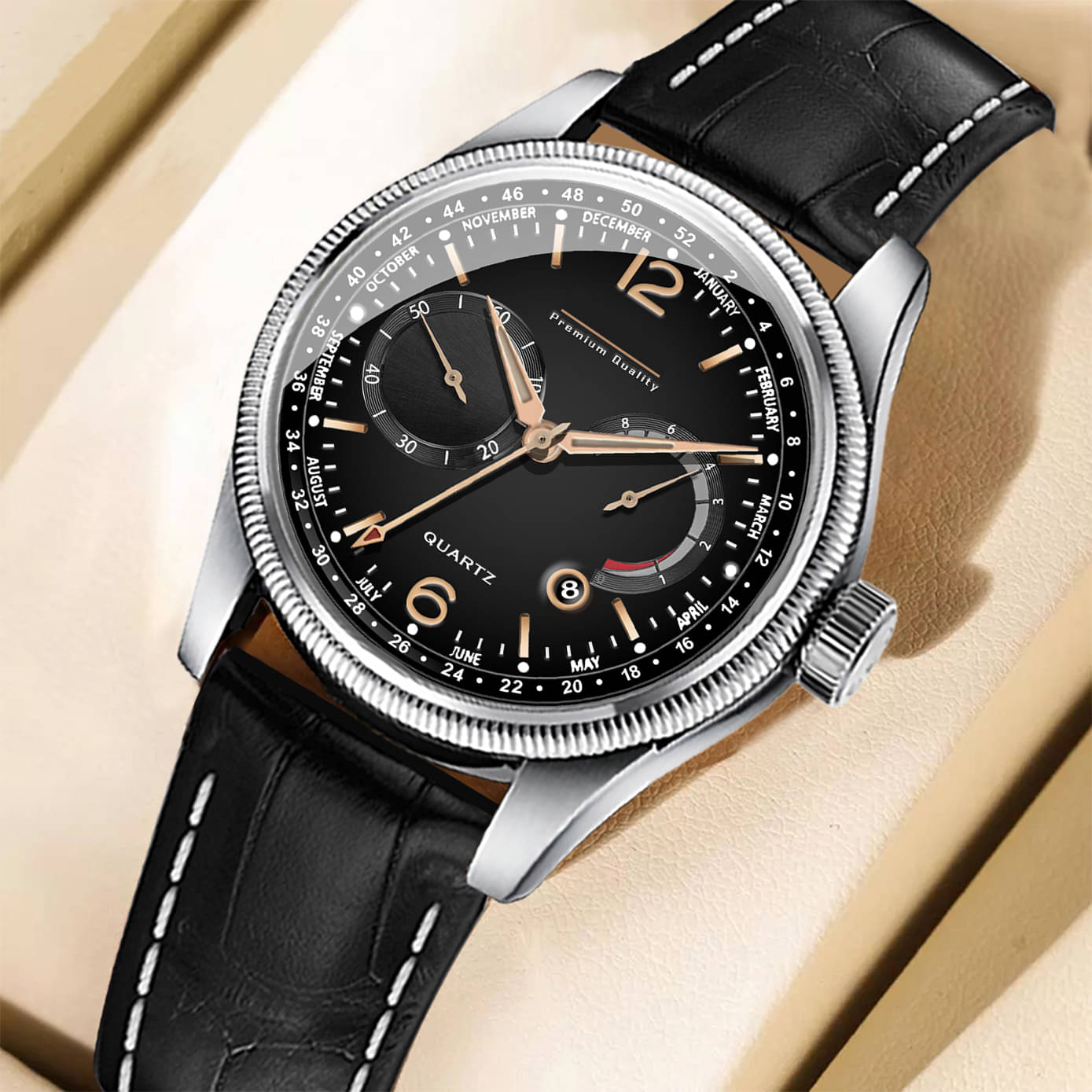     			DoubleRun Black Leather Analog Men's Watch