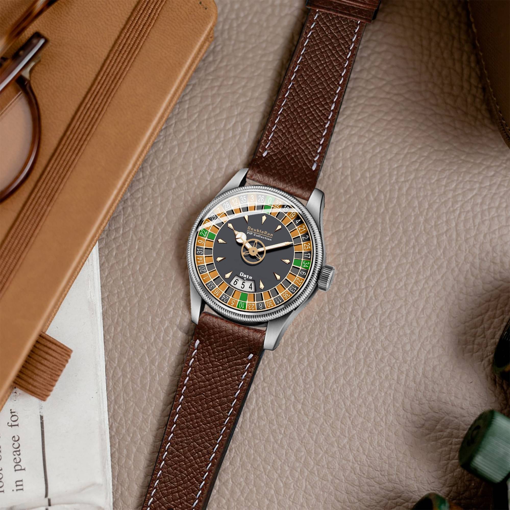     			DoubleRun Brown Leather Analog Men's Watch