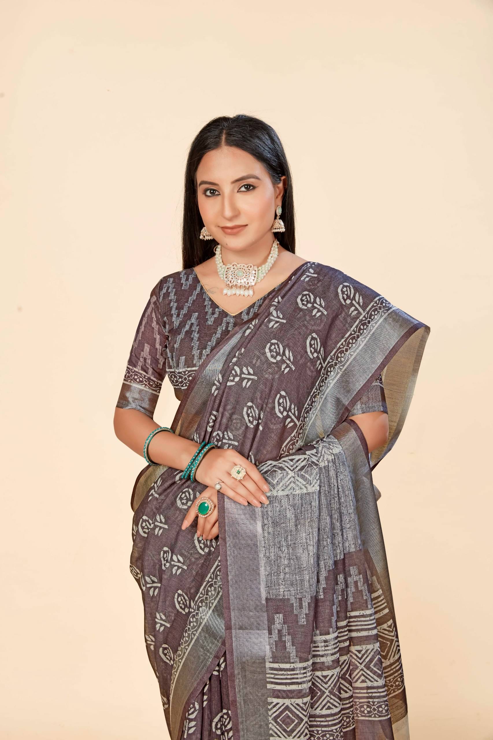     			Ethnic Trendz Cotton Printed Saree With Unstitched Blouse Piece ( Grey Melange )