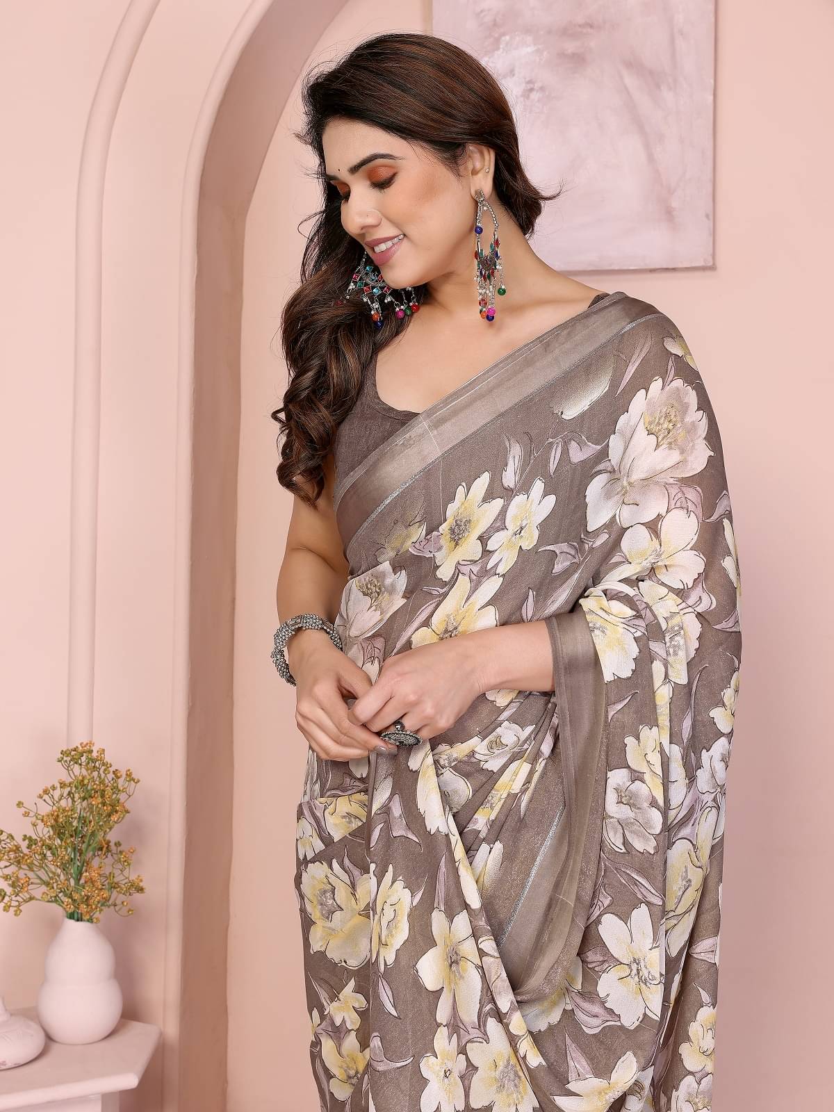     			Gazal Fashions Georgette Printed Saree With Unstitched Blouse Piece ( Brown )