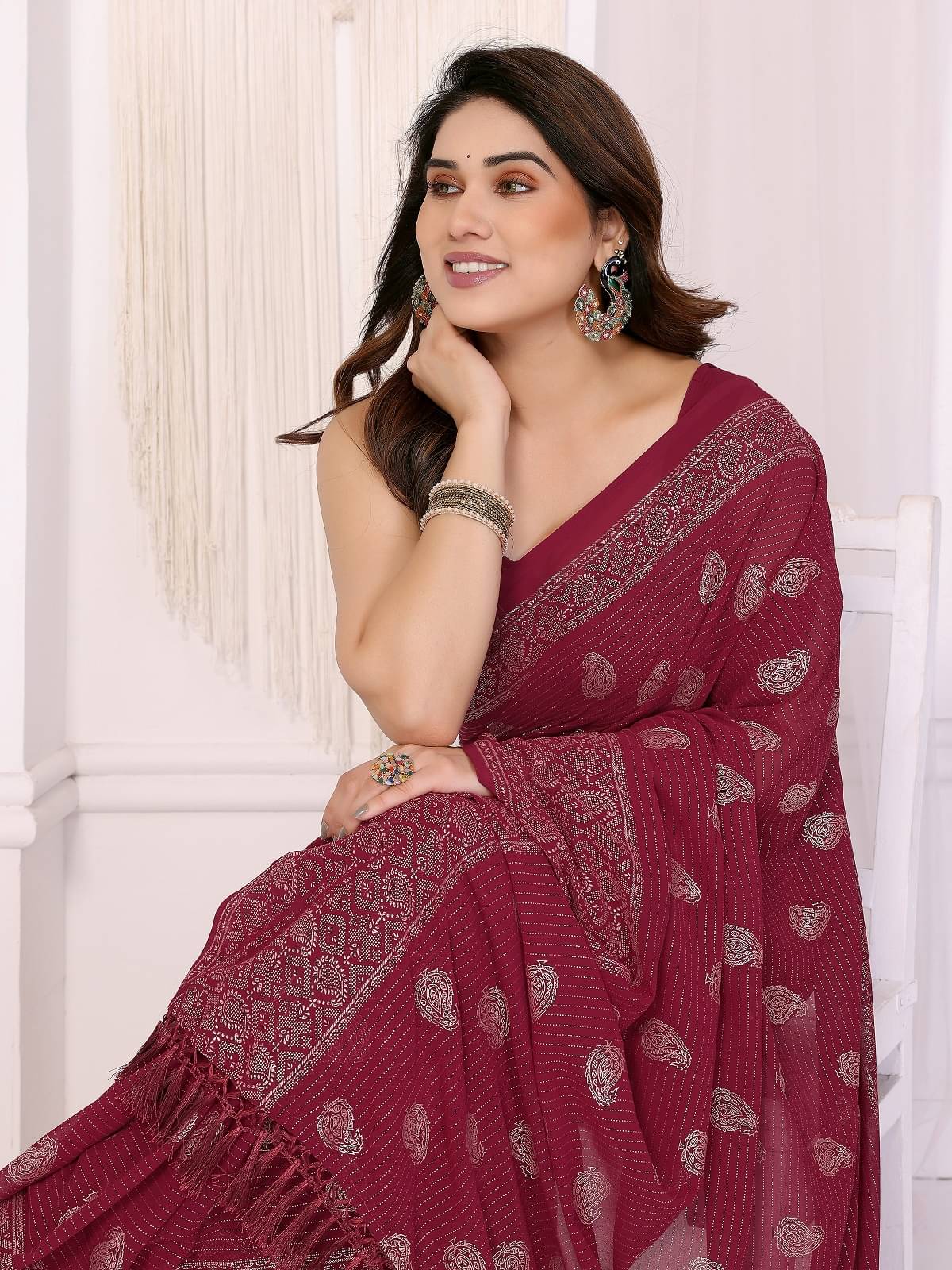     			Gazal Fashions Georgette Printed Saree With Unstitched Blouse Piece ( Maroon )