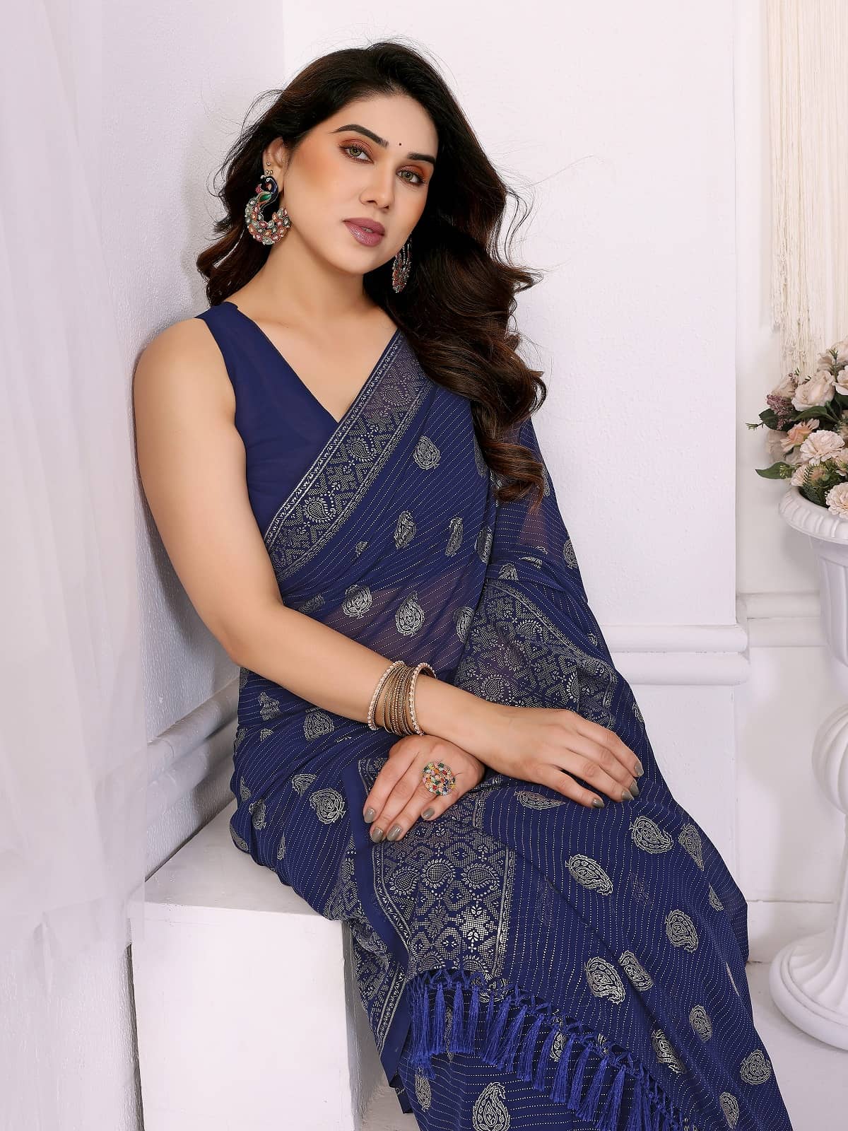 Gazal Fashions Georgette Printed Saree With Unstitched Blouse Piece ( Navy Blue ) - Sarees | Buy online on ZillyBuy