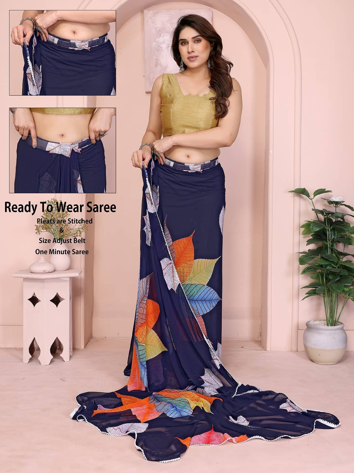 Gazal Fashions Georgette Printed Saree With Unstitched Blouse Piece ( Navy Blue )