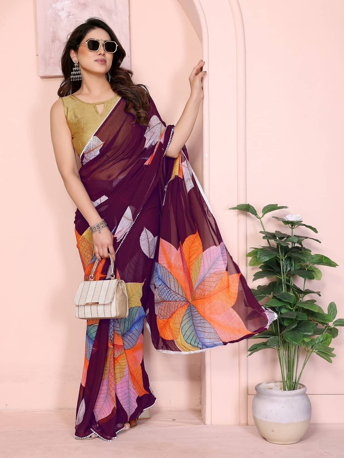     			Gazal Fashions Georgette Printed Saree With Unstitched Blouse Piece ( Maroon )