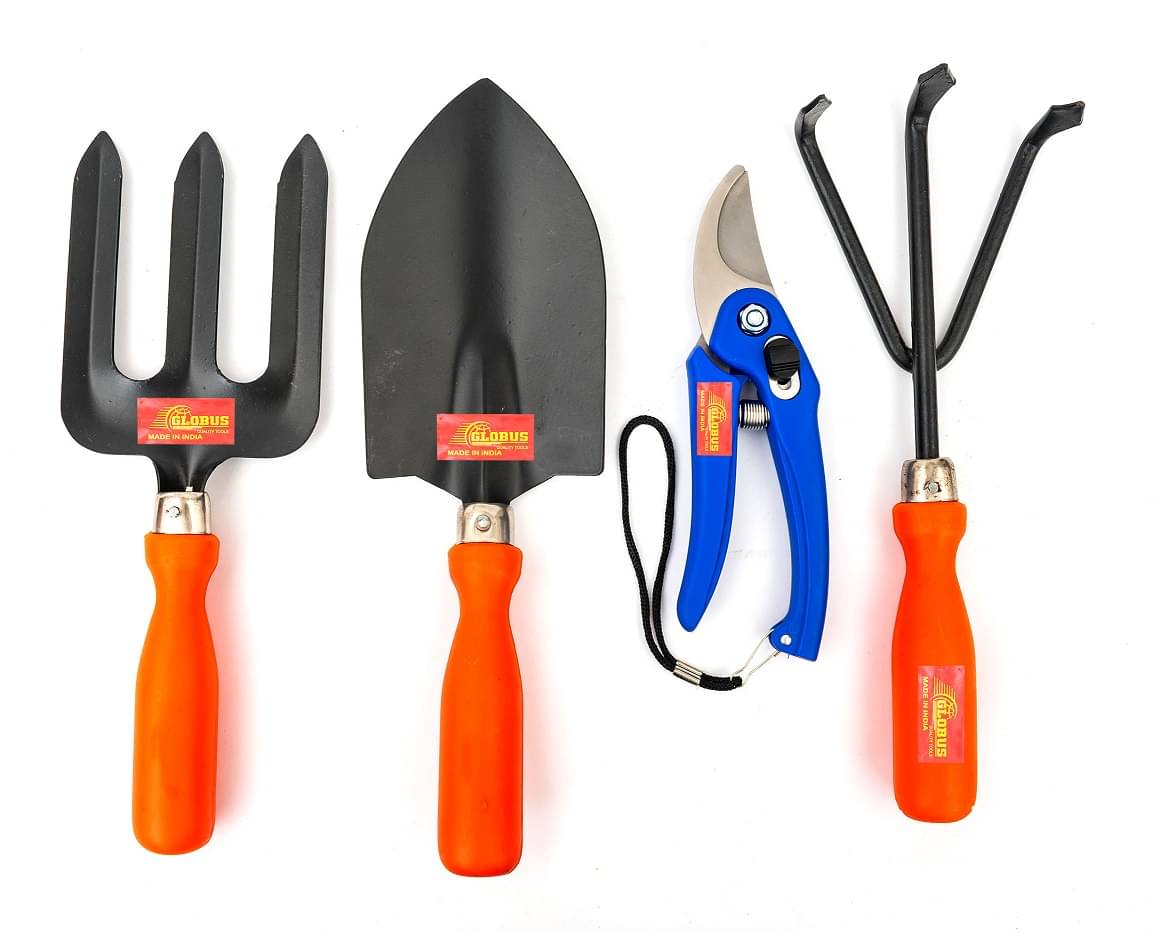 Globus 305-Garden Tool set/4-Stainless Pruner/Cutter/Secateur (7 inch/18cm) & ( HAND Garden tools-Big Trowel,Weeder Fork & Cultivator ) Garden Tool Kit Globus 305-Garden Tool set/4-Stainless Pruner/Cutter/Secateur (7 inch/18cm) & ( HAND Garden tools-Big Trowel,Weeder Fork & Cultivator ) Garden Tool Kit
