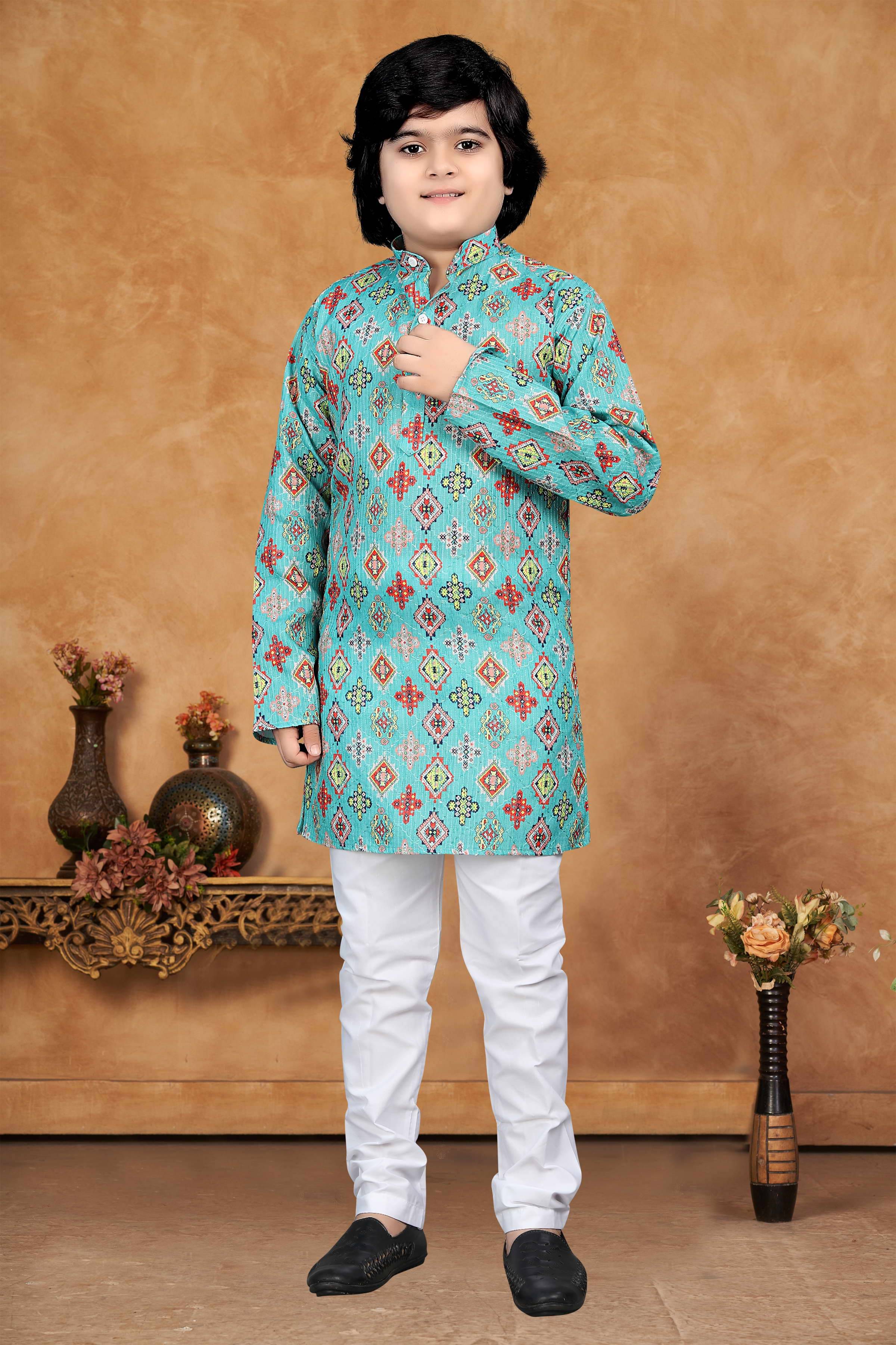KC Kunj Creation Boys Cotton Blend Green Kurta Pyjama Set ( Pack of 1 ) KC Kunj Creation Boys Cotton Blend Green Kurta Pyjama Set ( Pack of 1 )