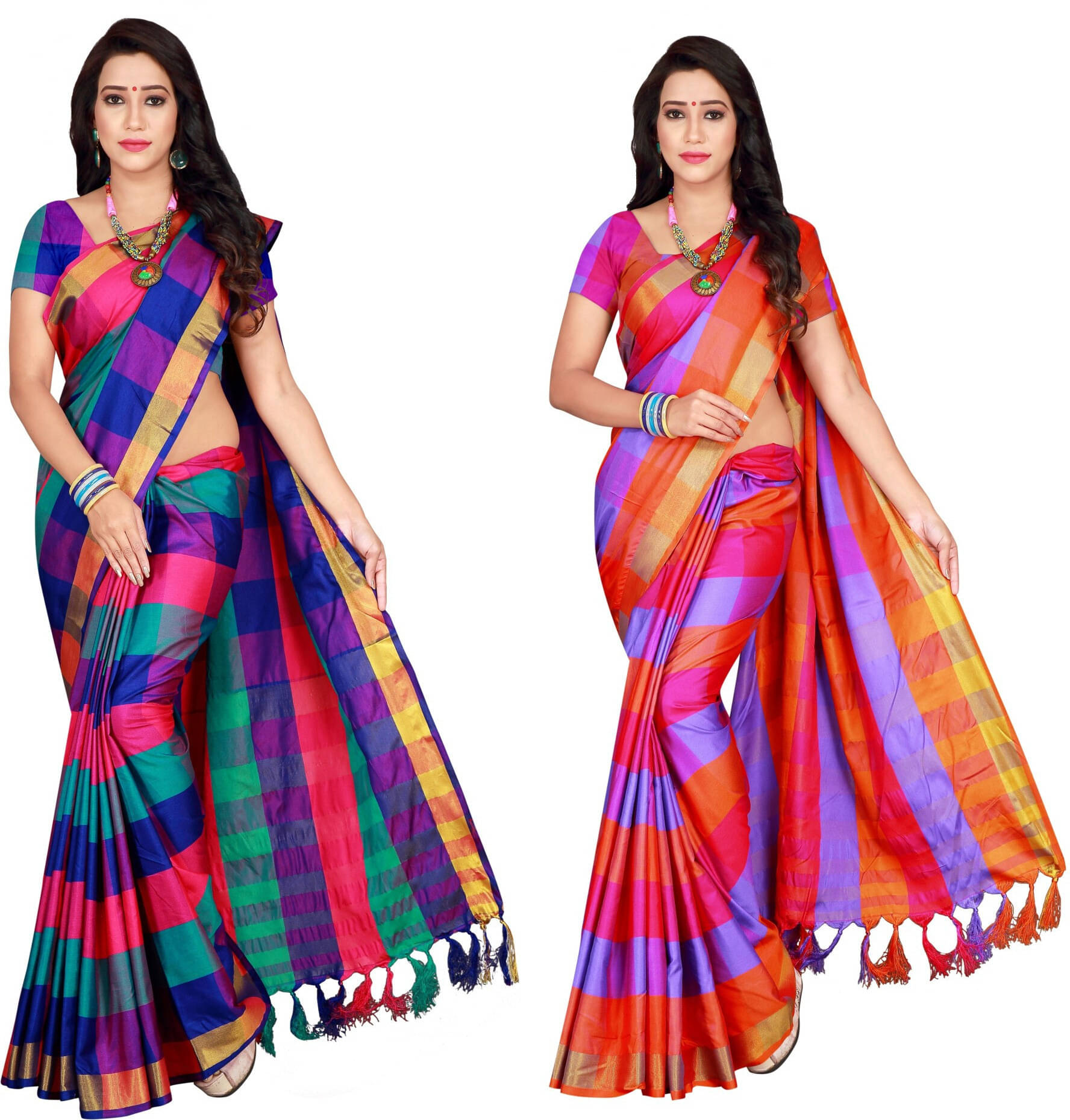     			Priyansh Creation Cotton Silk Checks Saree With Unstitched Blouse Piece ( Multicolor )