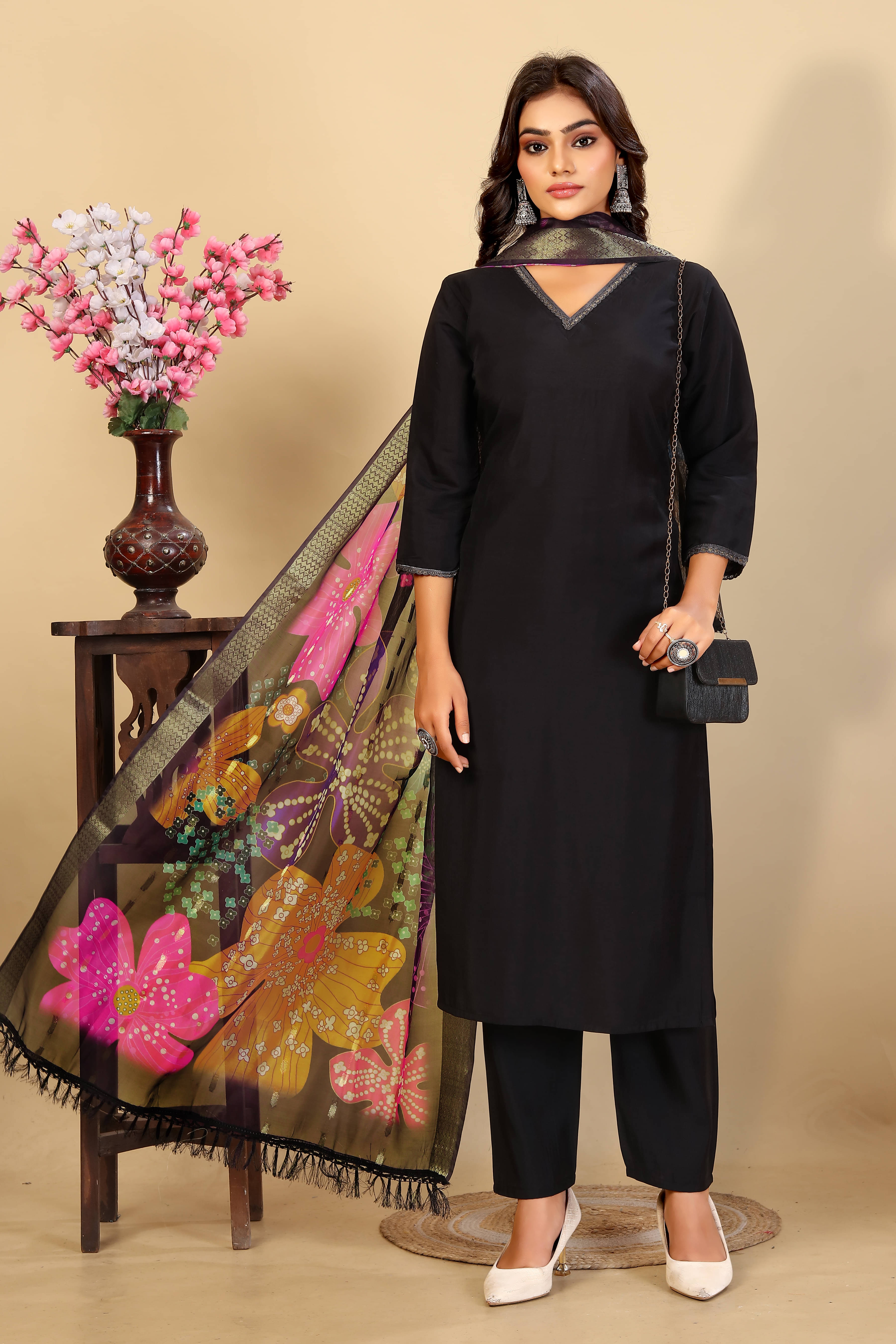     			Sanjana Silks Women Rayon Solid Straight Kurti With Pants ( Black )