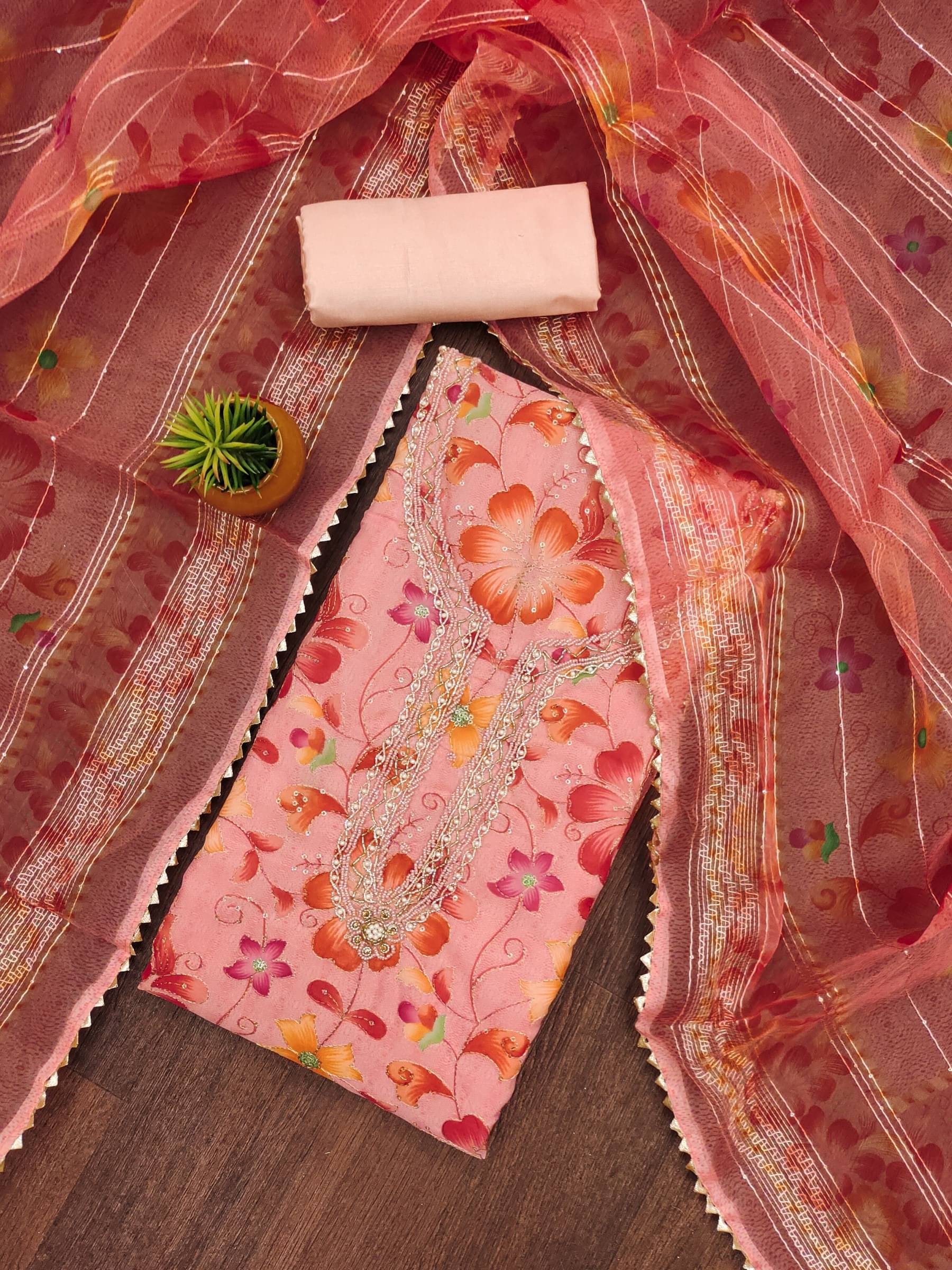     			Shree Mahantam Women Organza Unstitched Dress Material ( Peach )