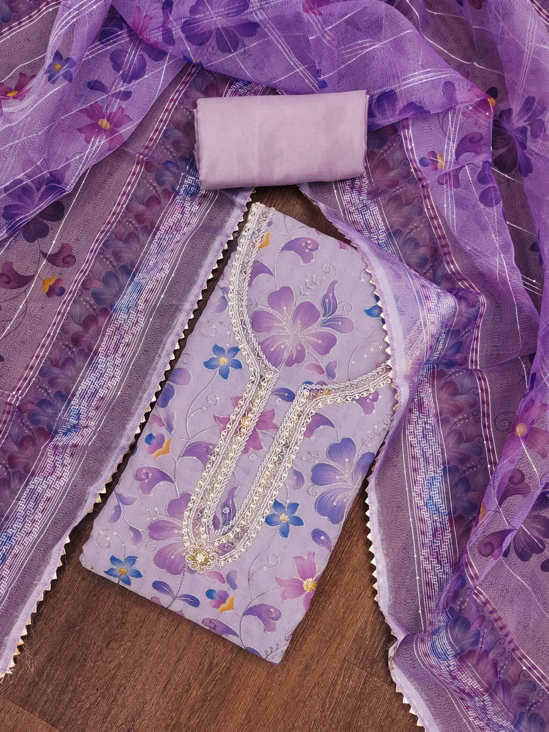 Shree Mahantam Women Organza Unstitched Dress Material ( Purple )     			Shree Mahantam Women Organza Unstitched Dress Material ( Purple )