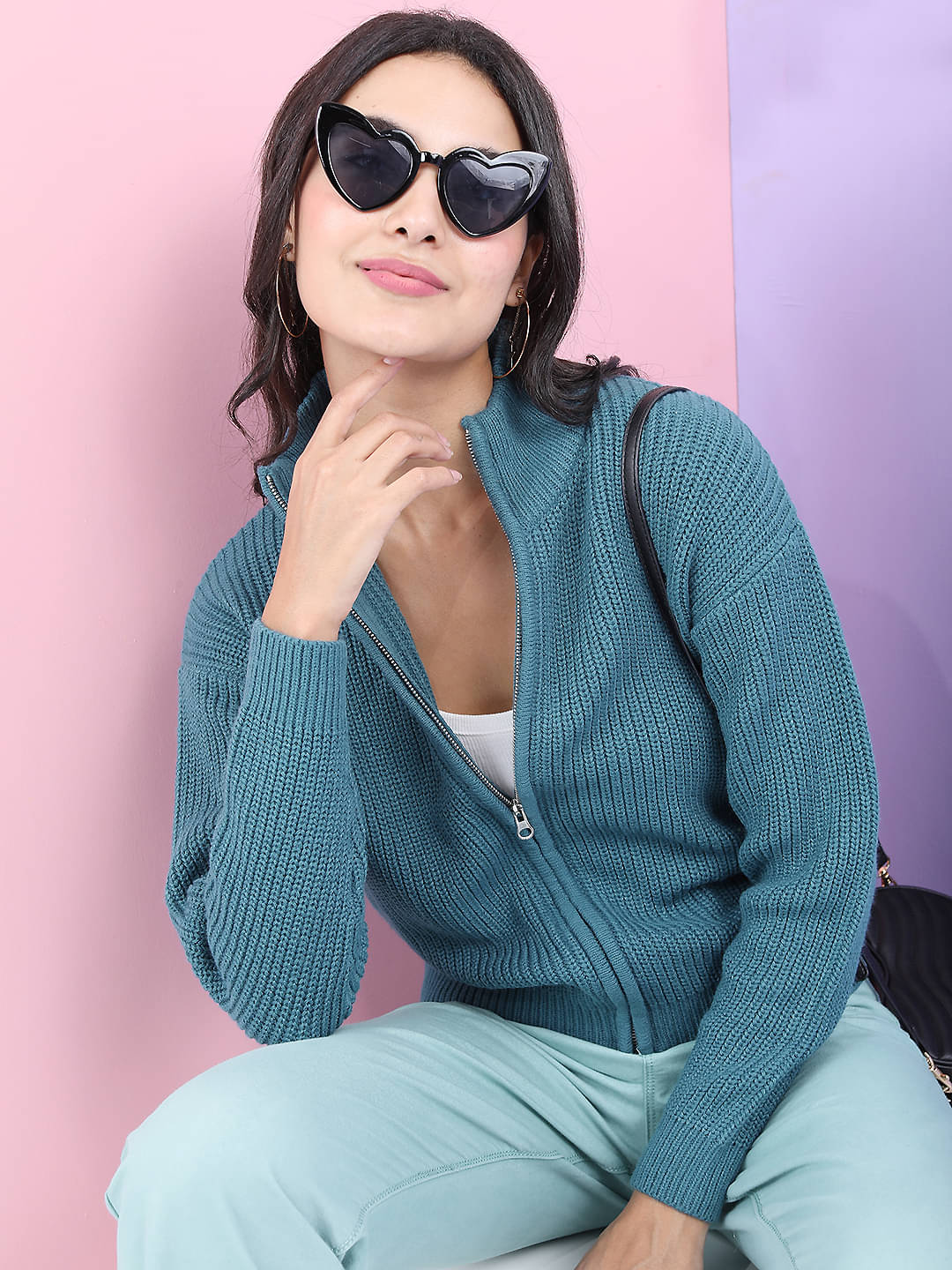     			Tokyo Talkies Women Acrylic High Neck Pullover ( Blue )