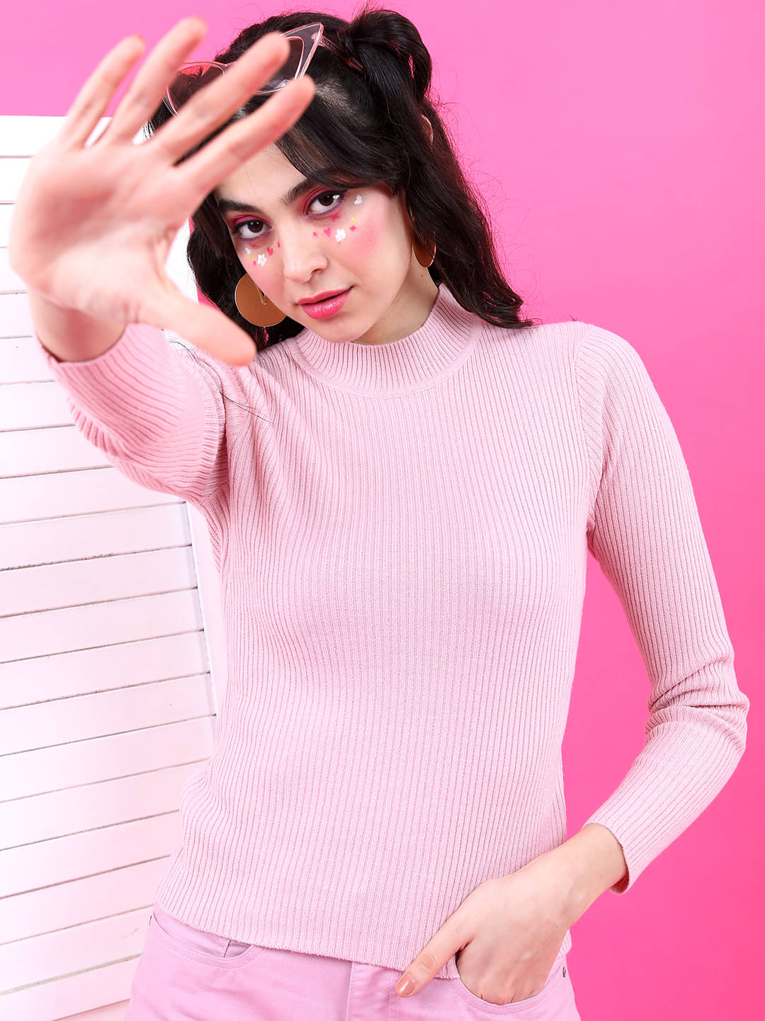 Tokyo Talkies Acrylic High Neck Women's Pullovers - Pink ( ) Tokyo Talkies Acrylic High Neck Women's Pullovers - Pink ( )