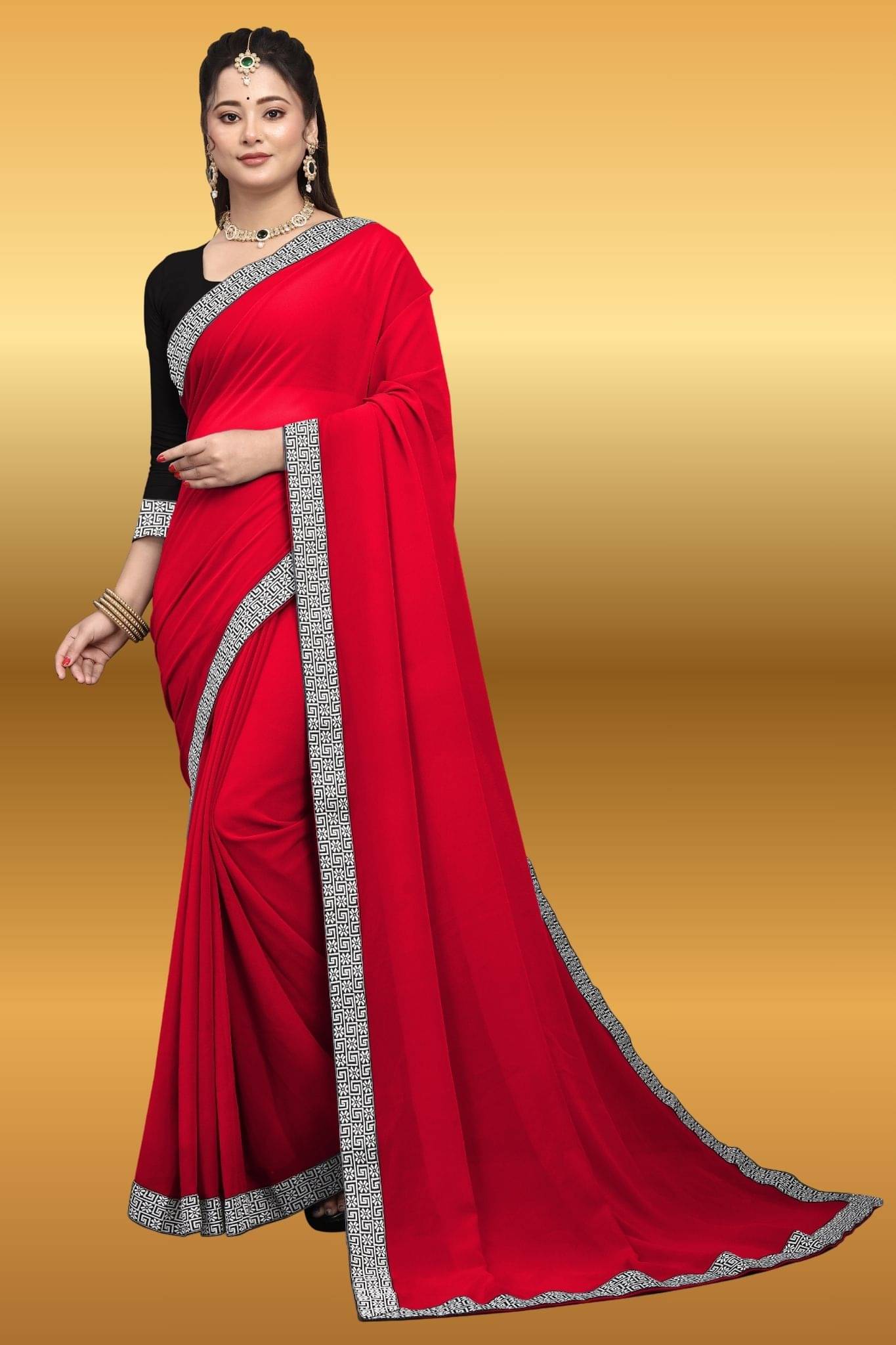 aaishreekhodiyar Chiffon Self Design Saree With Unstitched Blouse Piece ( Red )     			aaishreekhodiyar Chiffon Self Design Saree With Unstitched Blouse Piece ( Red )