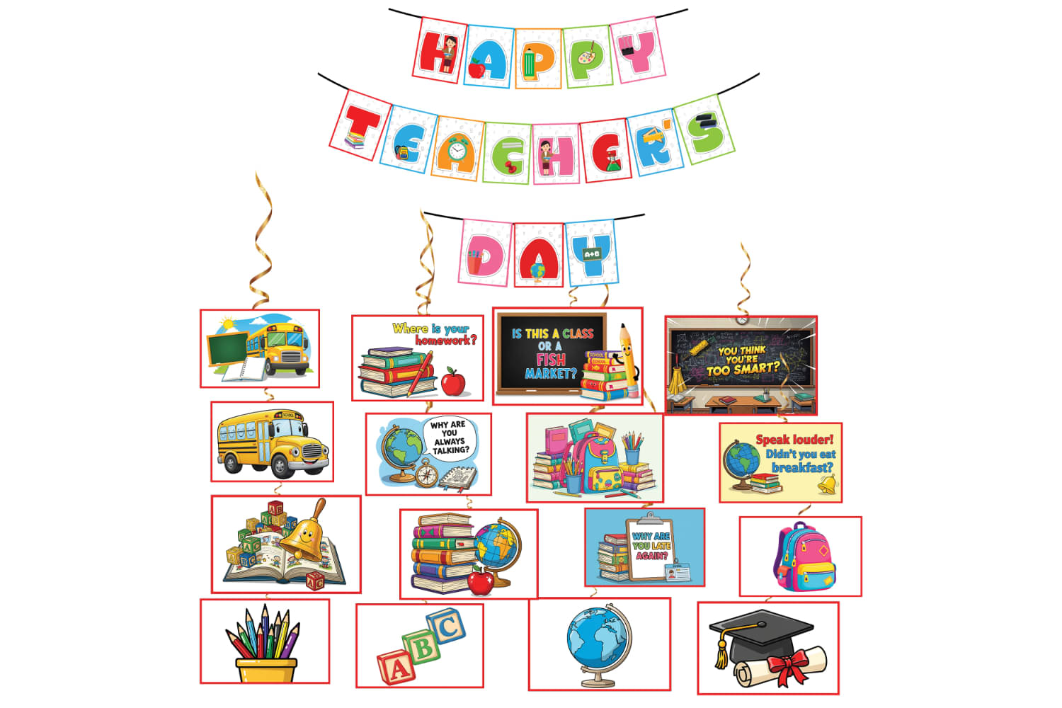     			1iAM Happy Teachers Day Decoration Items - Pack of 17 | 1pc Multicolor "HAPPY TEACHER'S DAY" Printed Paper Banner & 16pcs Ceiling Hanging For School, College, Tution, Coatching, Class Room Decoration