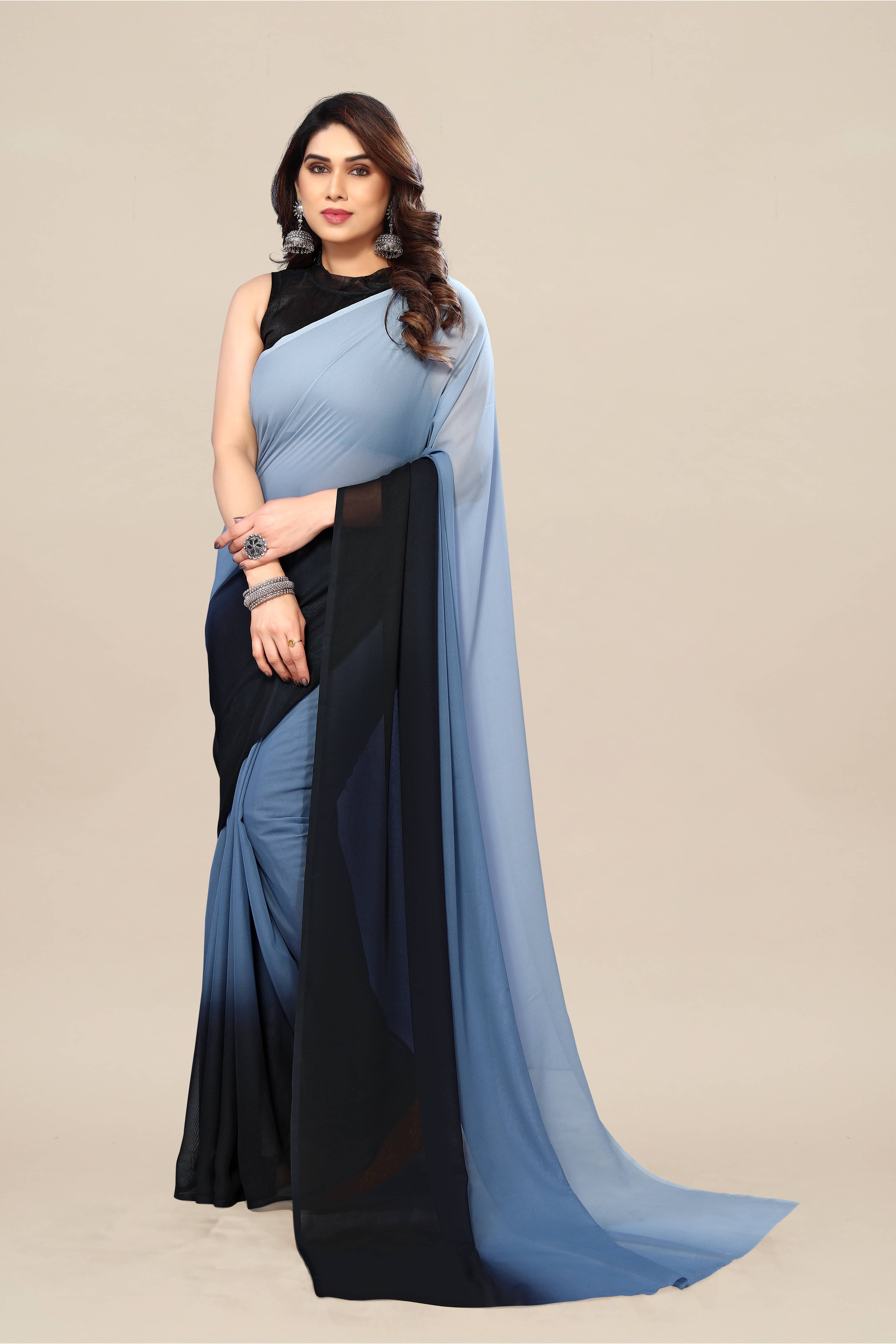     			ANAND SAREES Georgette Colorblock Kasavu Saree With Unstitched Blouse Piece ( Grey )