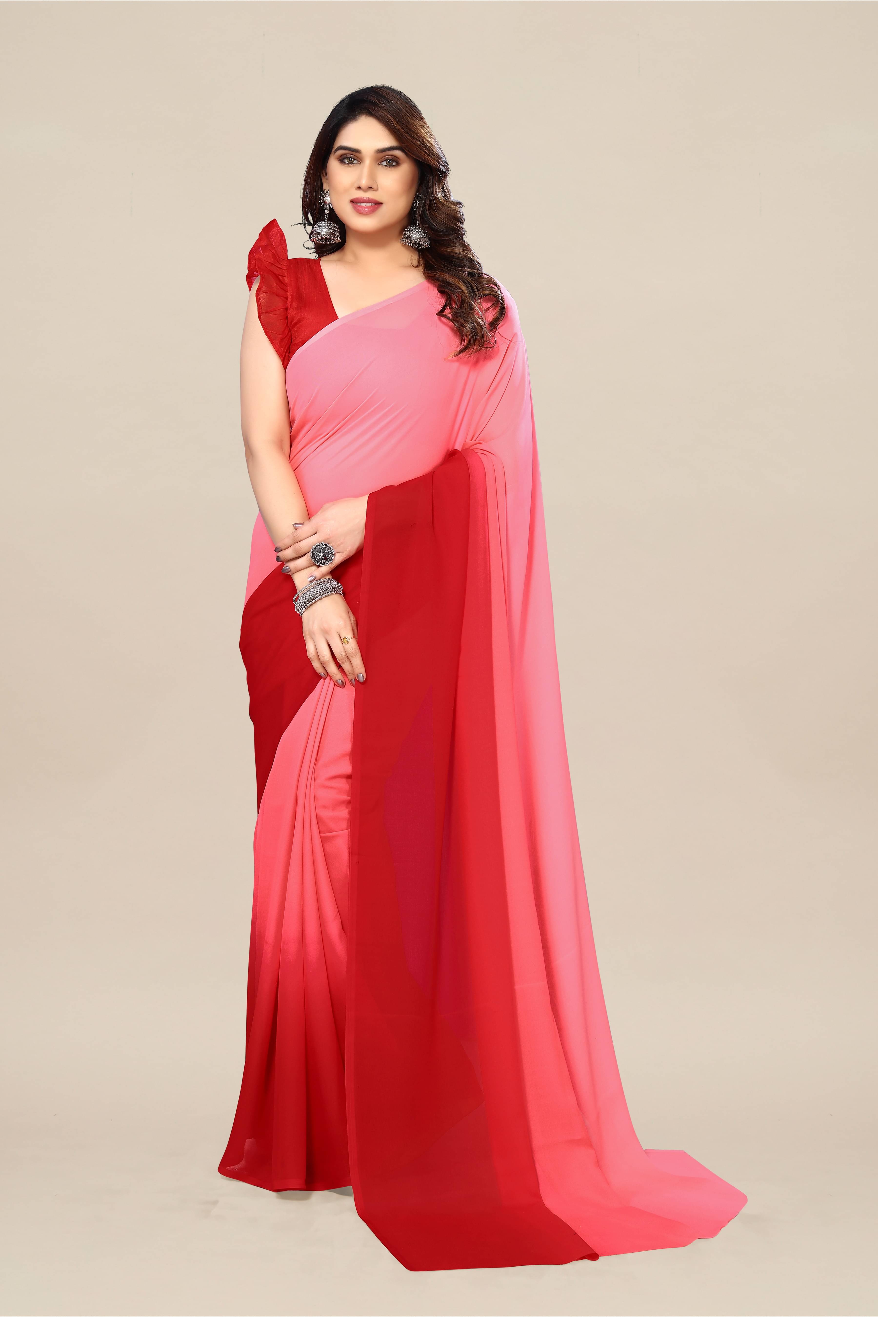    			ANAND SAREES Georgette Colorblock Kasavu Saree With Unstitched Blouse Piece ( Red )
