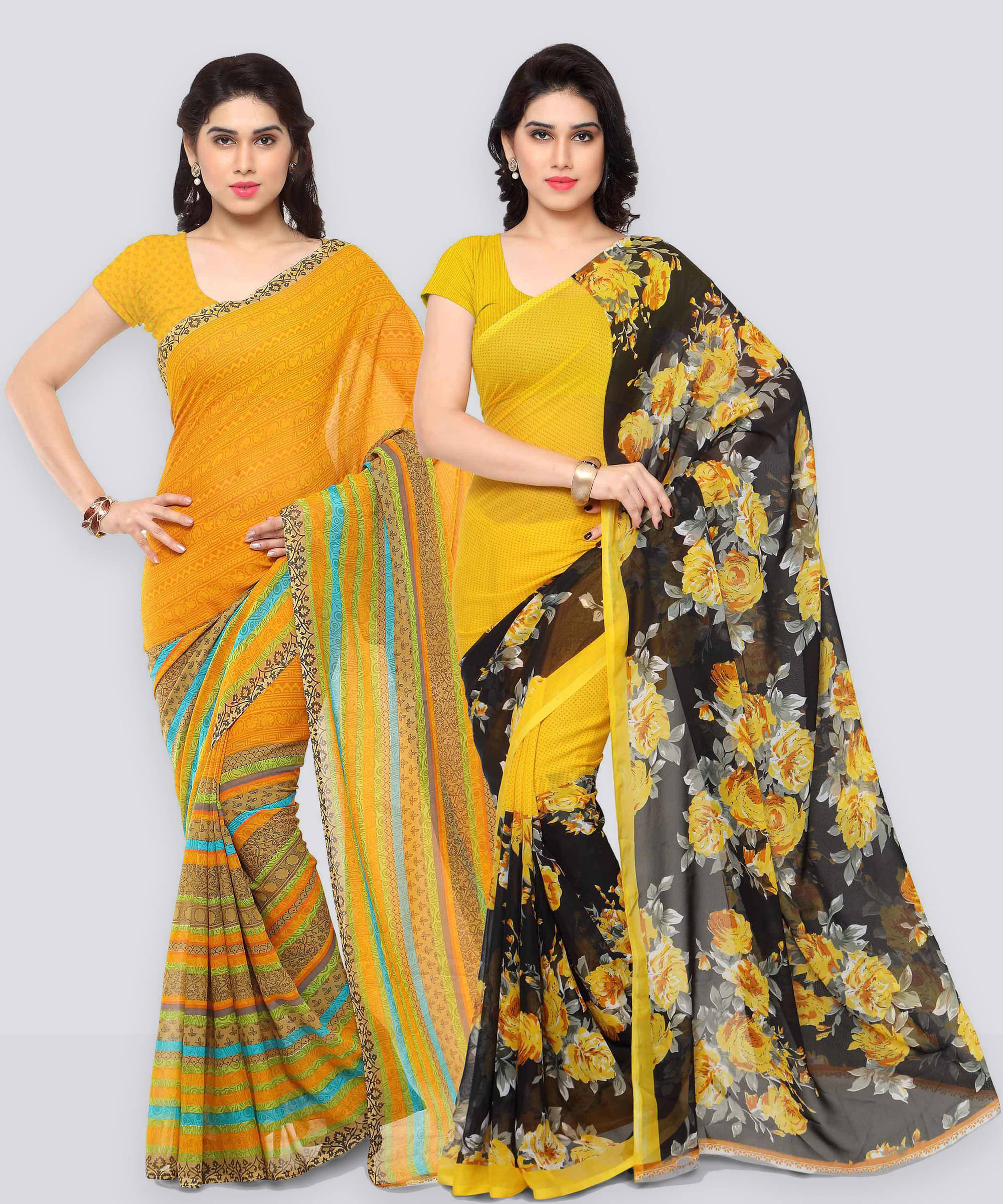 ANAND SAREES Georgette Printed Saree With Unstitched Blouse Piece ( Yellow ) ANAND SAREES Georgette Printed Saree With Unstitched Blouse Piece ( Yellow )