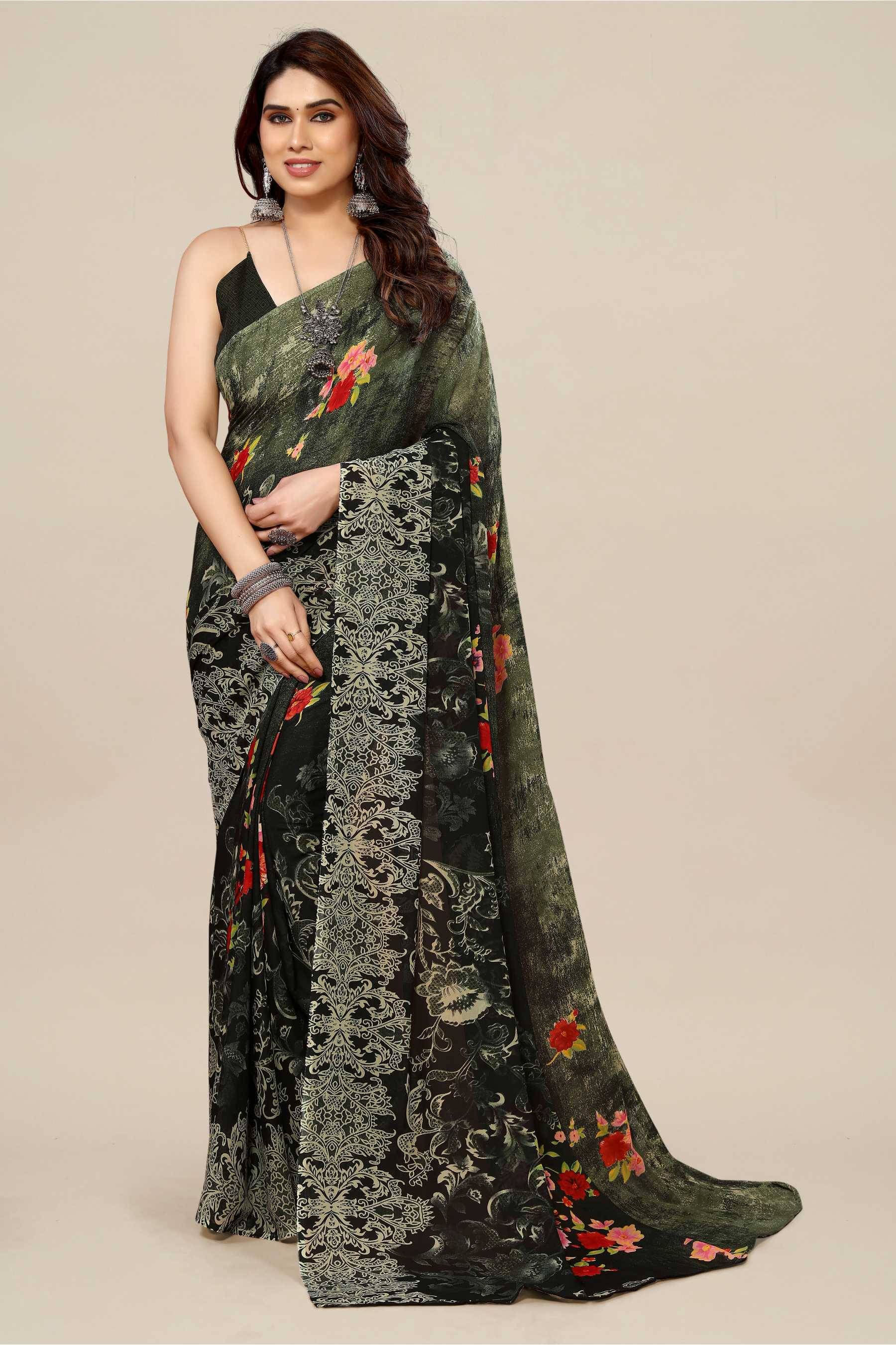 ANAND SAREES Georgette Printed Chanderi saree With Unstitched Blouse Piece ( Green ) ANAND SAREES Georgette Printed Chanderi saree With Unstitched Blouse Piece ( Green )