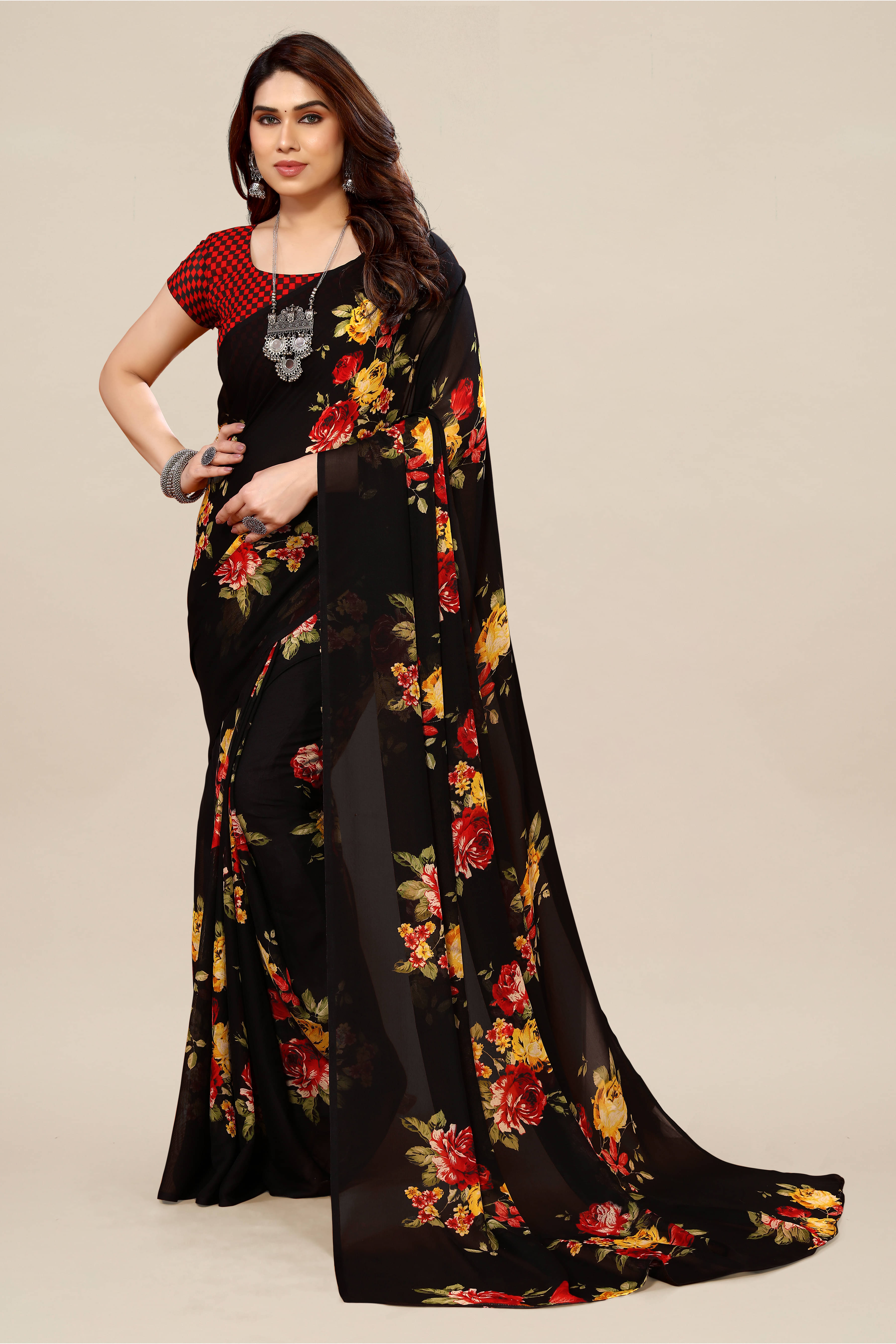 ANAND SAREES Georgette Printed Chanderi saree With Unstitched Blouse Piece ( Black ) ANAND SAREES Georgette Printed Chanderi saree With Unstitched Blouse Piece ( Black )