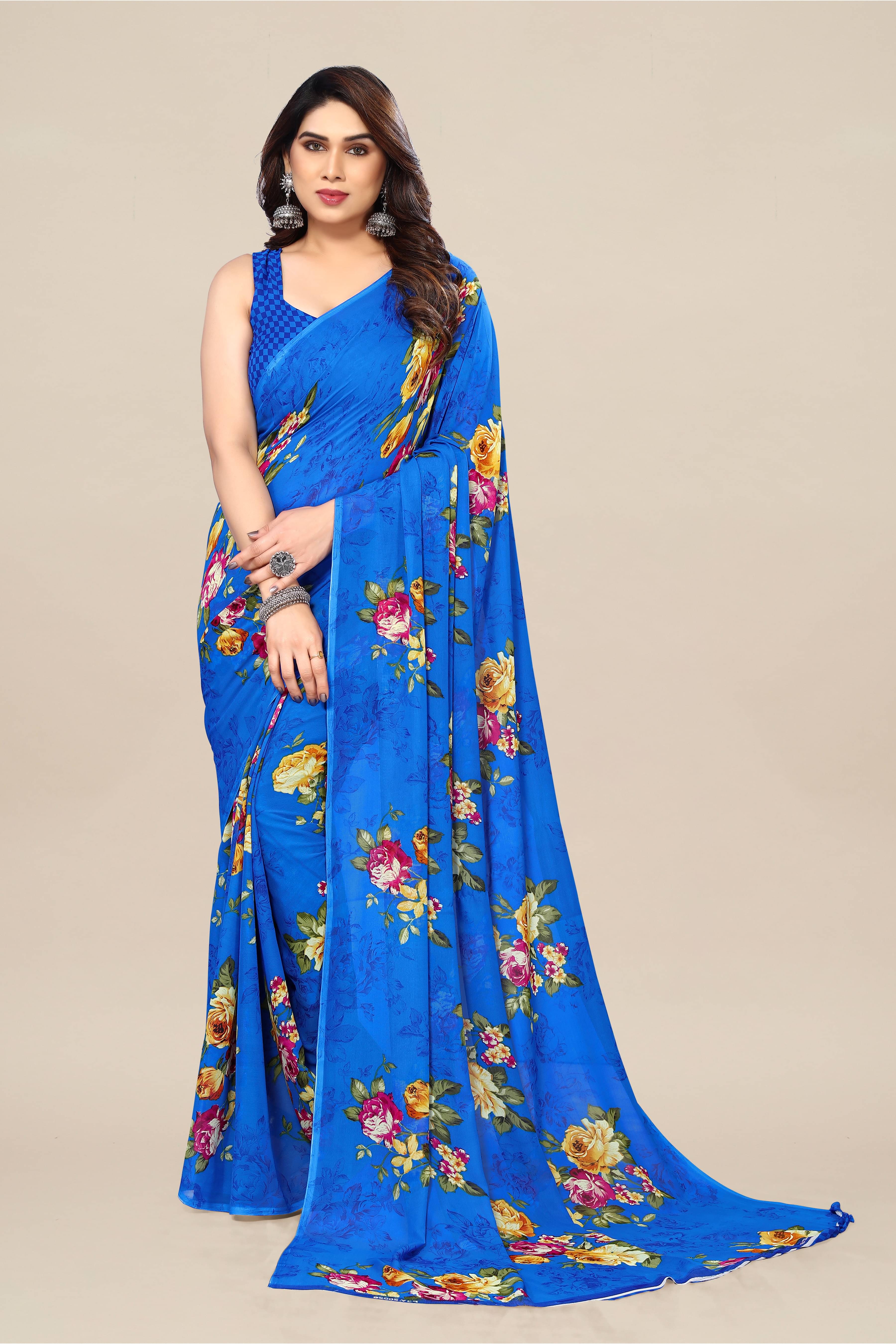 ANAND SAREES Georgette Printed Chanderi saree With Unstitched Blouse Piece ( Blue ) ANAND SAREES Georgette Printed Chanderi saree With Unstitched Blouse Piece ( Blue )
