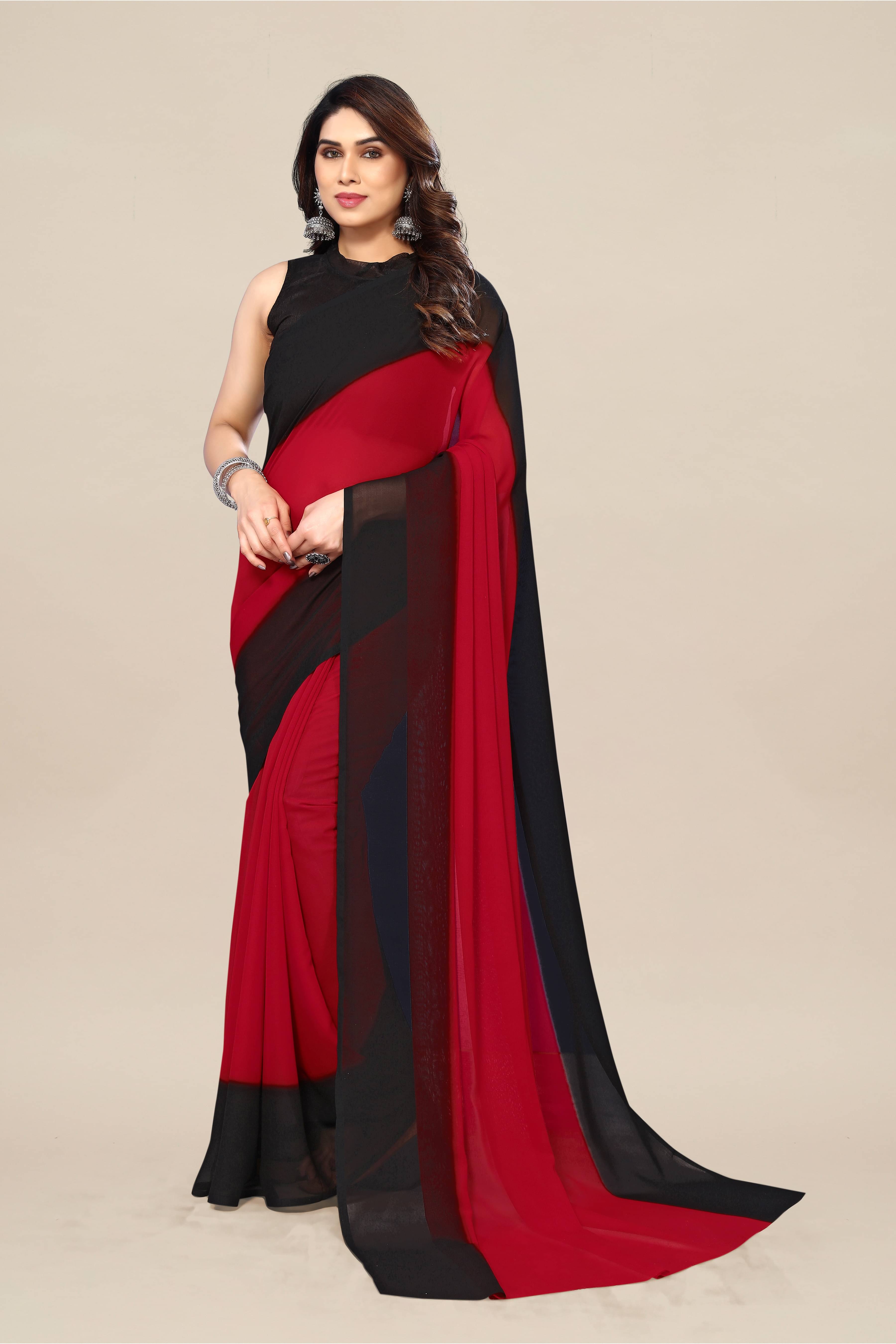 ANAND SAREES Georgette Solid Kasavu Saree With Unstitched Blouse Piece ( Black ) ANAND SAREES Georgette Solid Kasavu Saree With Unstitched Blouse Piece ( Black )