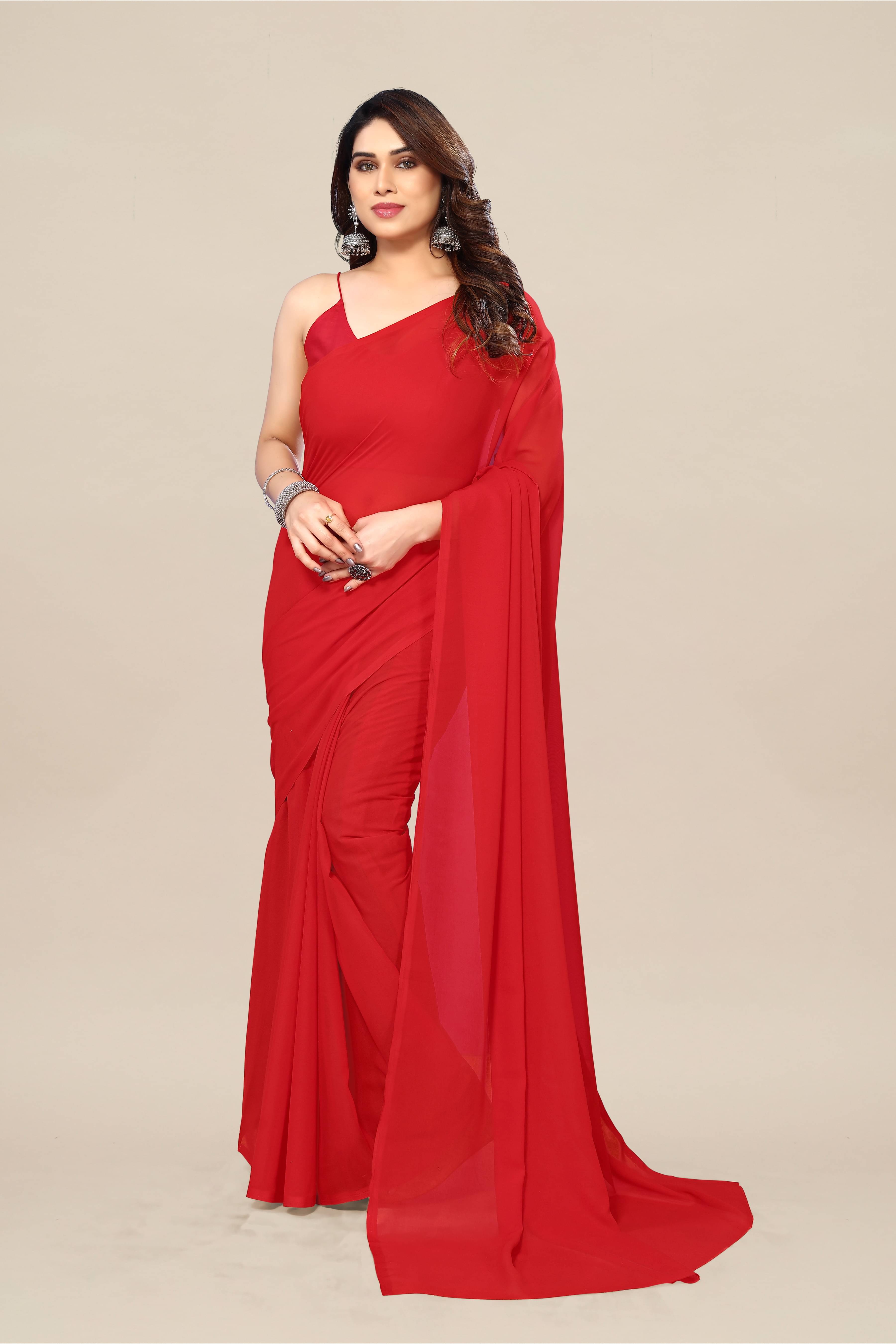     			ANAND SAREES Georgette Solid Kasavu Saree With Unstitched Blouse Piece ( Red )