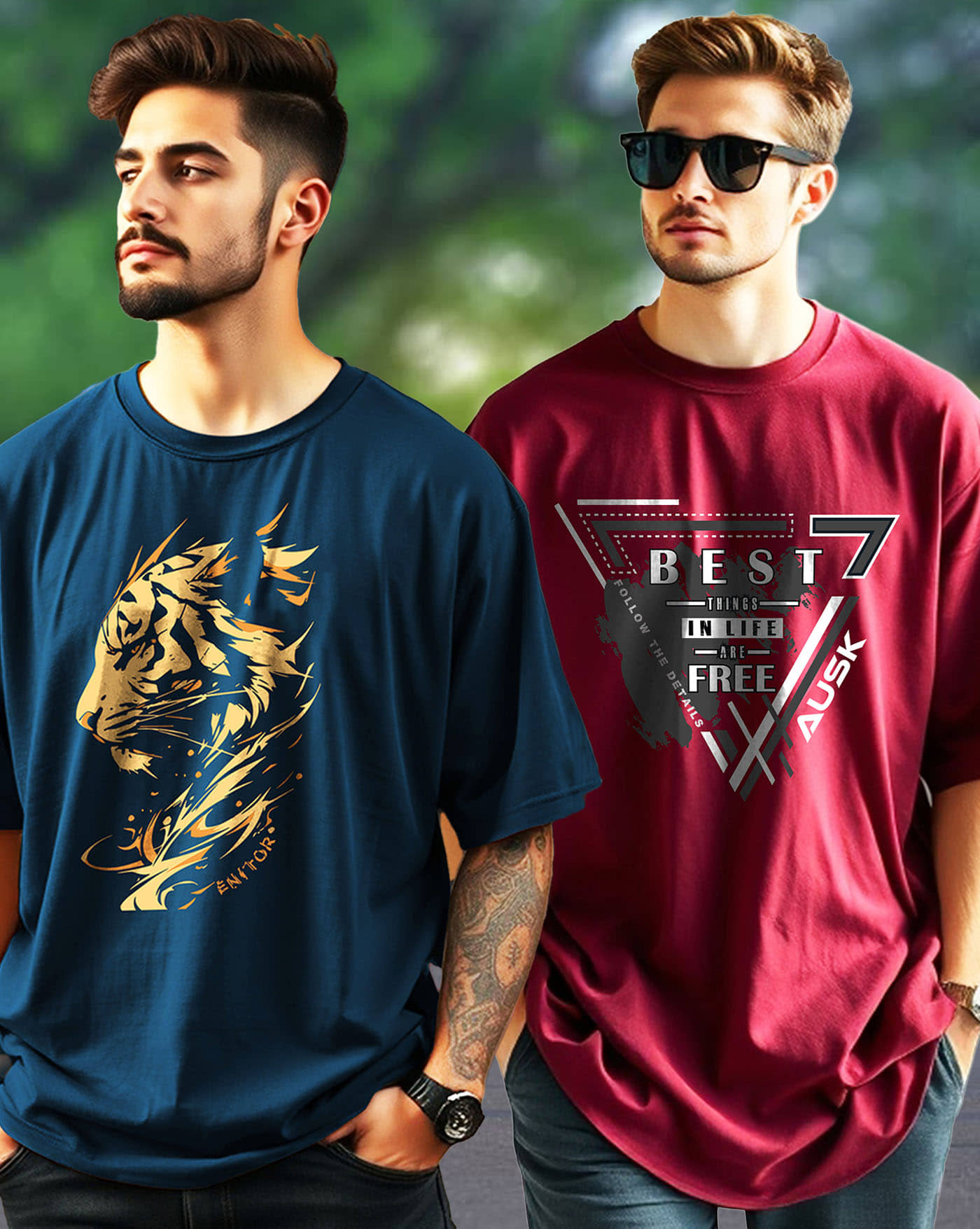 AUSK Men Cotton Blend Oversized Fit Printed T-Shirt ( Teal Blue )