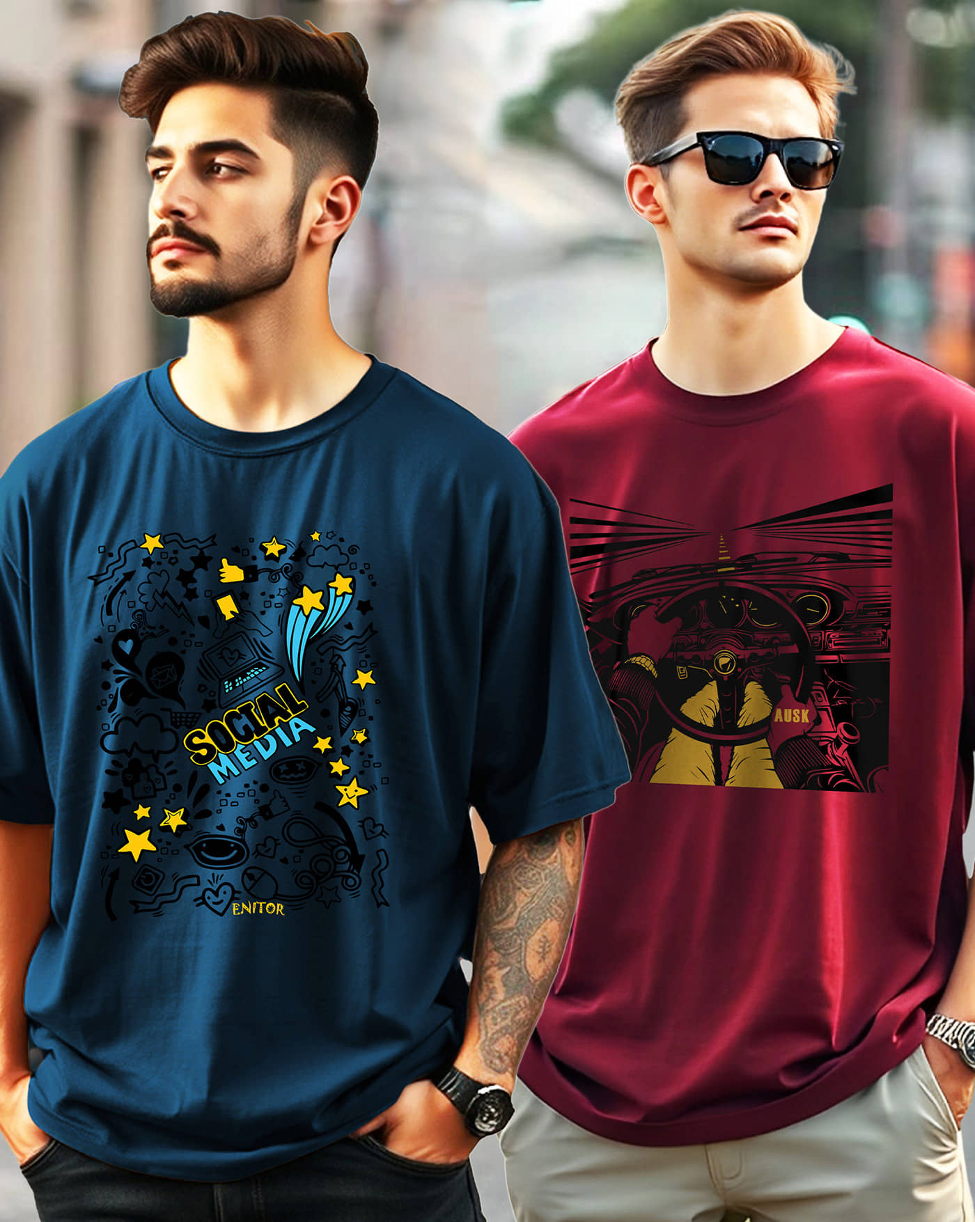 AUSK Men Cotton Blend Oversized Fit Printed T-Shirt ( Teal Blue )