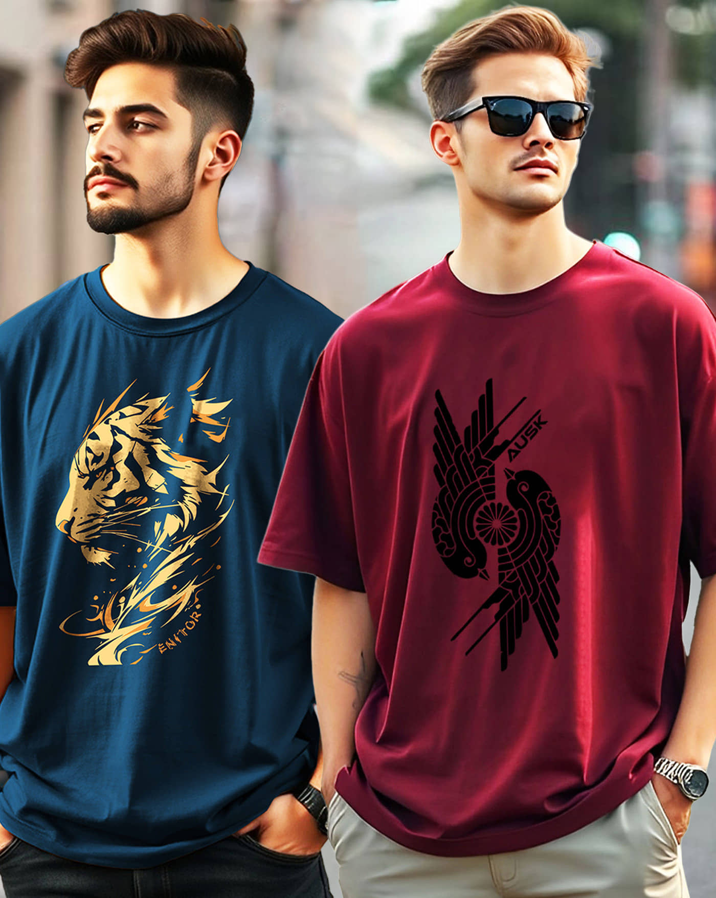 AUSK Men Cotton Blend Oversized Fit Printed T-Shirt ( Teal Blue )
